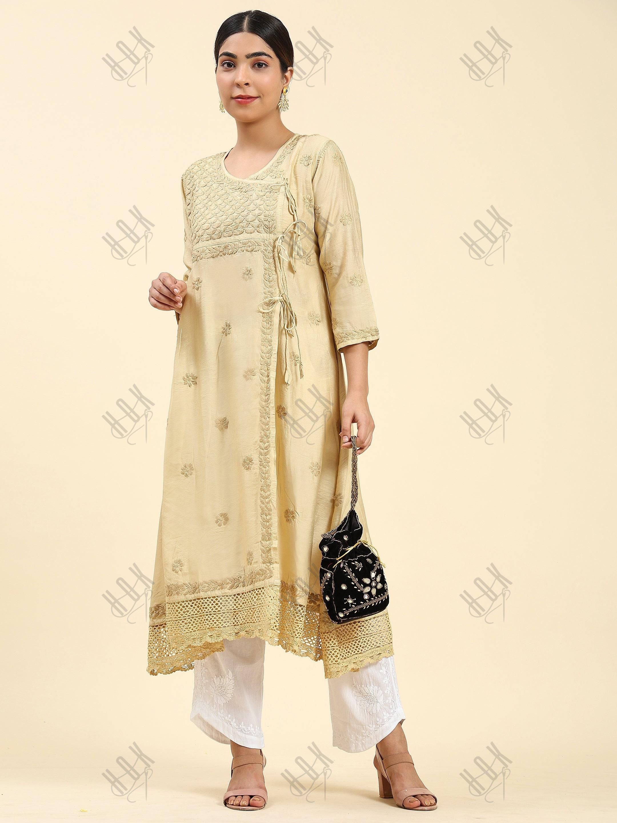 Samma Chikankari Angrakha Long Kurta in Chanderi Silk for Women - Beige - House Of Kari (Chikankari Clothing)