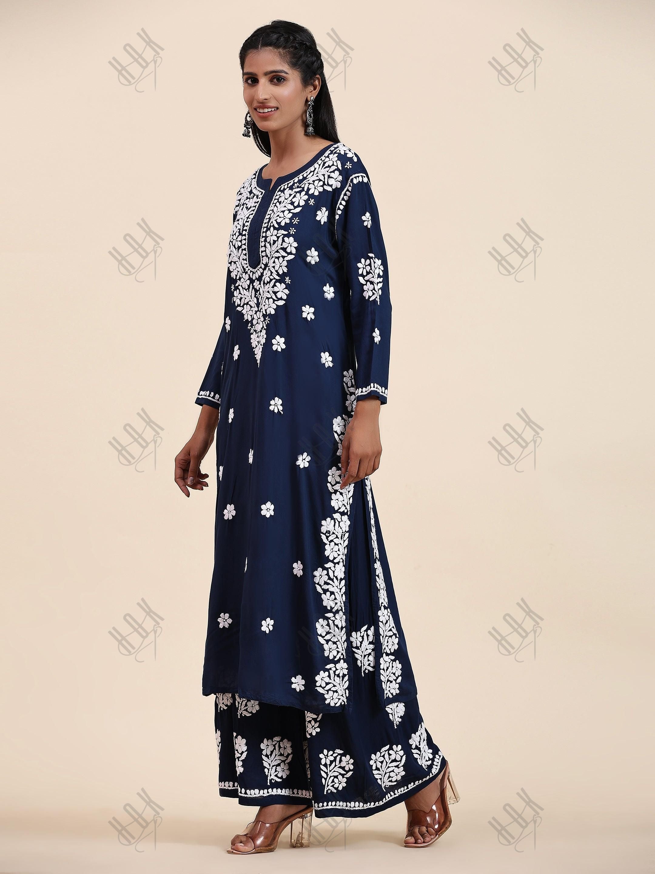 Samma Chikankari CO-ORD Set In Modal Cotton for Women In Blue - House Of Kari (Chikankari Clothing)