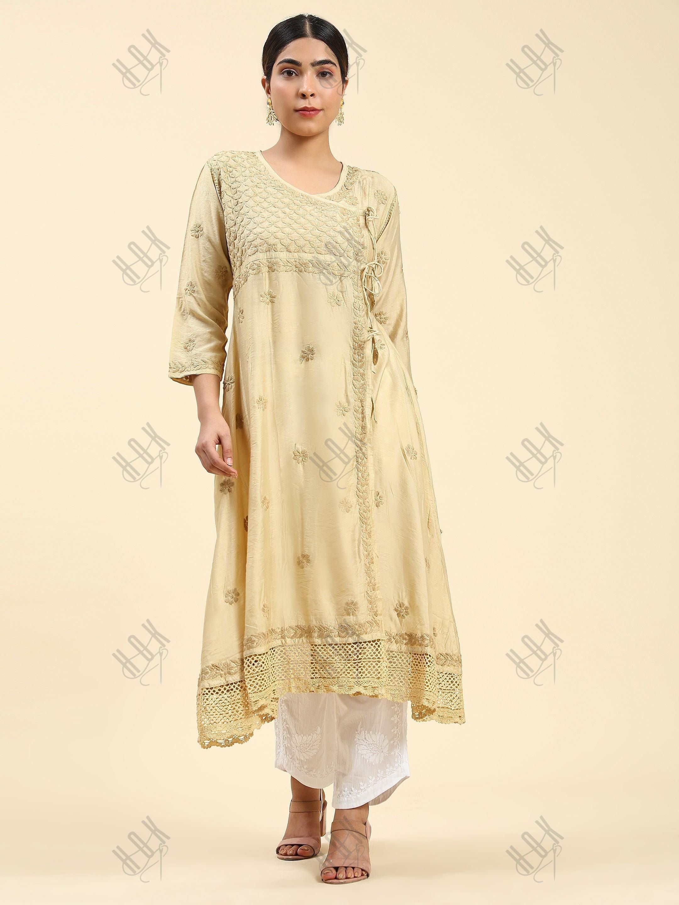 Samma Chikankari Angrakha Long Kurta in Chanderi Silk for Women - Beige - House Of Kari (Chikankari Clothing)