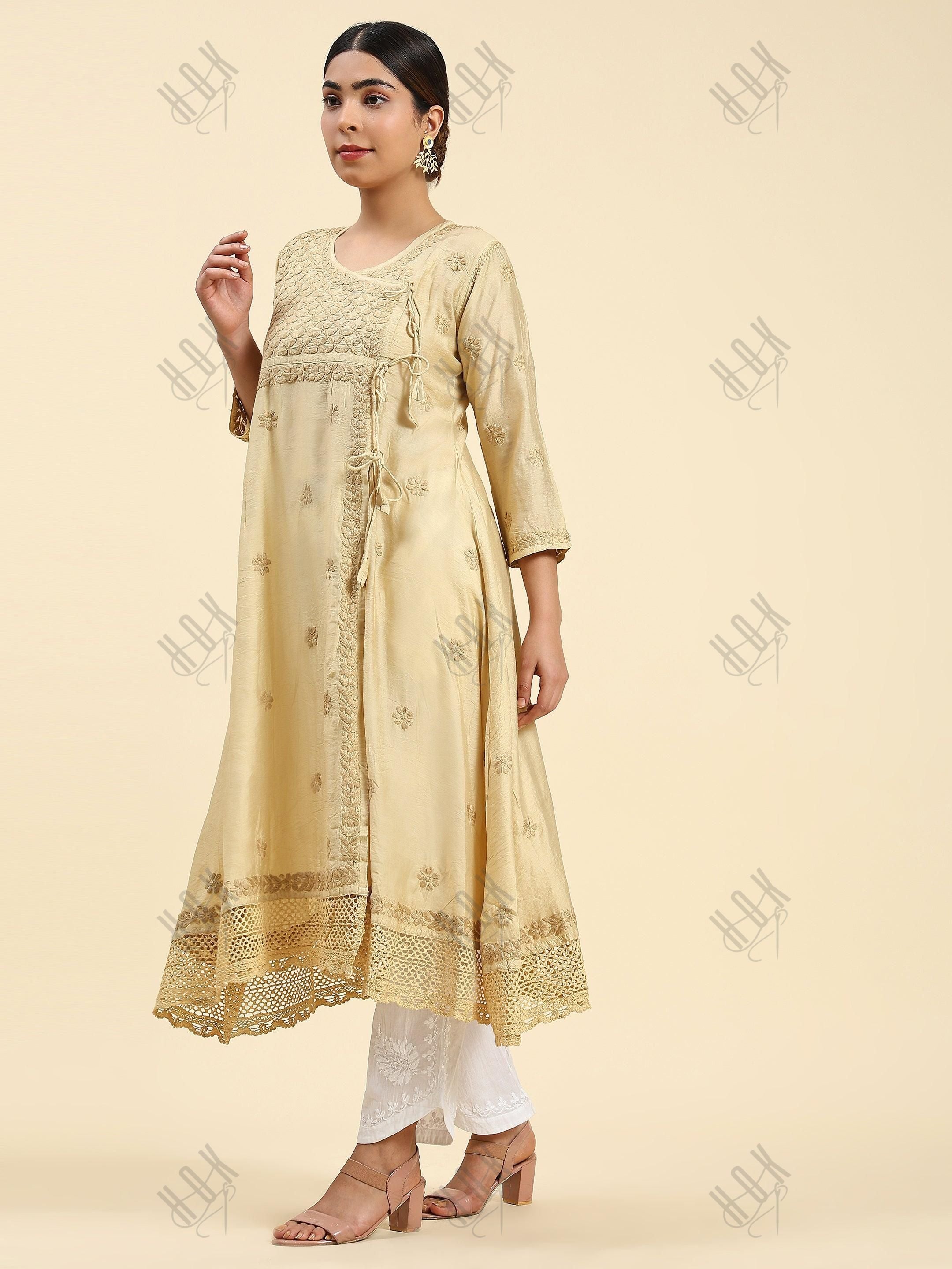 Samma Chikankari Angrakha Long Kurta in Chanderi Silk for Women - Beige - House Of Kari (Chikankari Clothing)