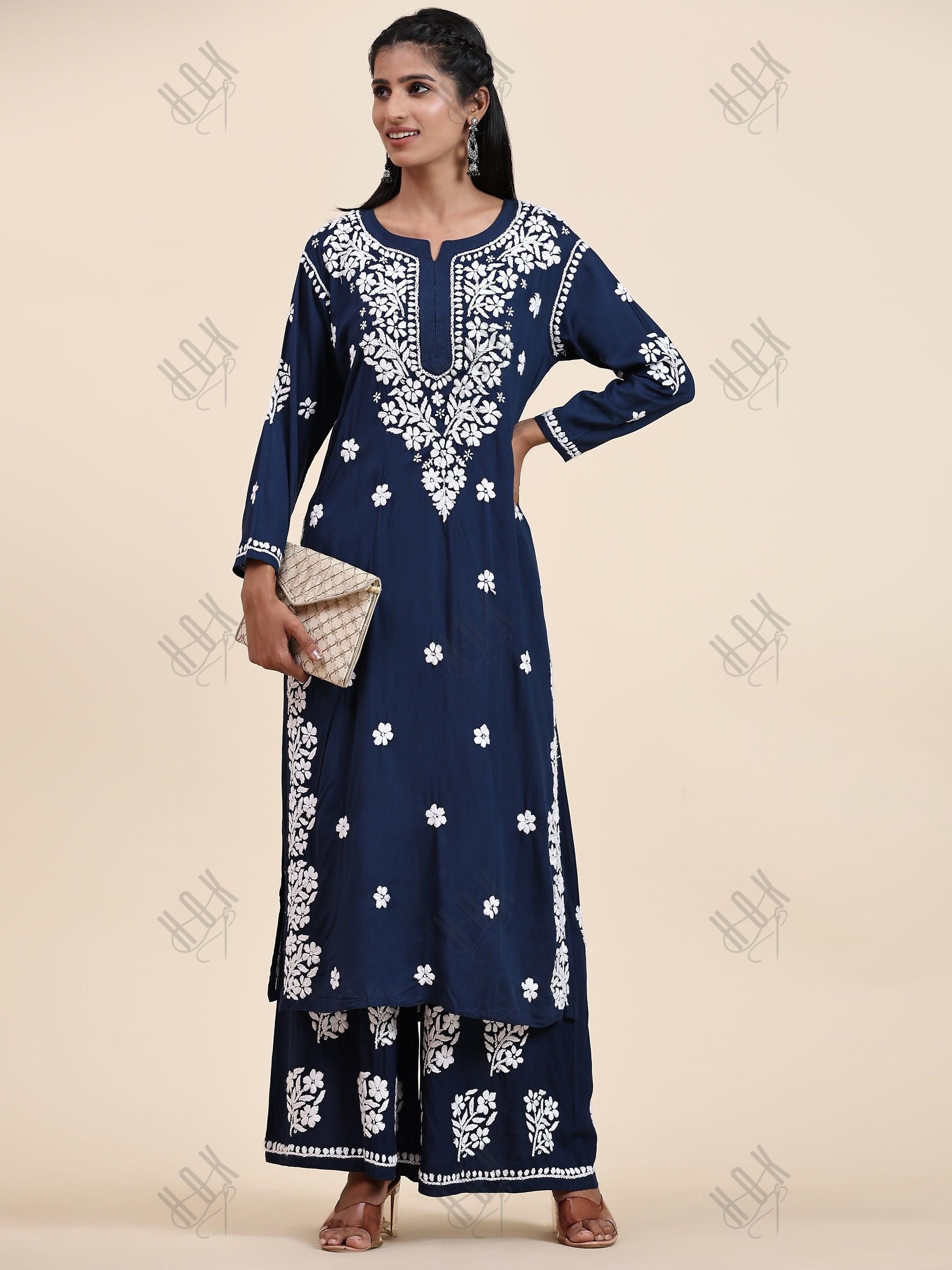 Samma Chikankari CO-ORD Set In Modal Cotton for Women In Blue - House Of Kari (Chikankari Clothing)