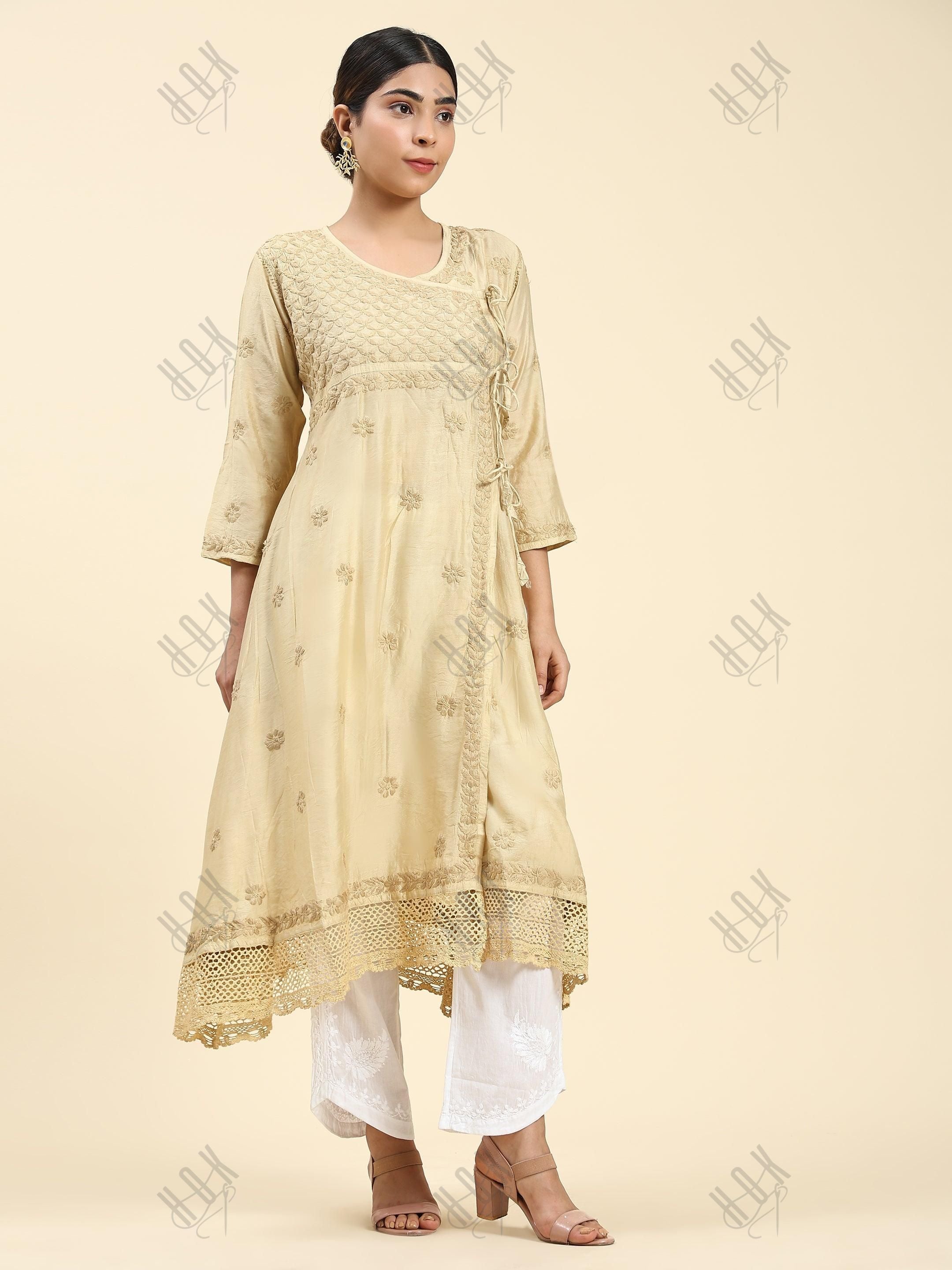 Samma Chikankari Angrakha Long Kurta in Chanderi Silk for Women - Beige - House Of Kari (Chikankari Clothing)