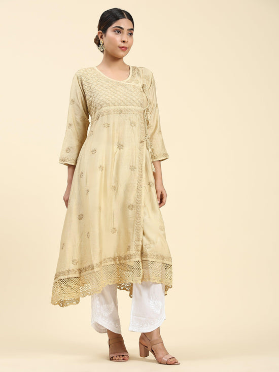 Samma Chikankari Angrakha Long Kurta in Chanderi Silk for Women - Beige - House Of Kari (Chikankari Clothing)