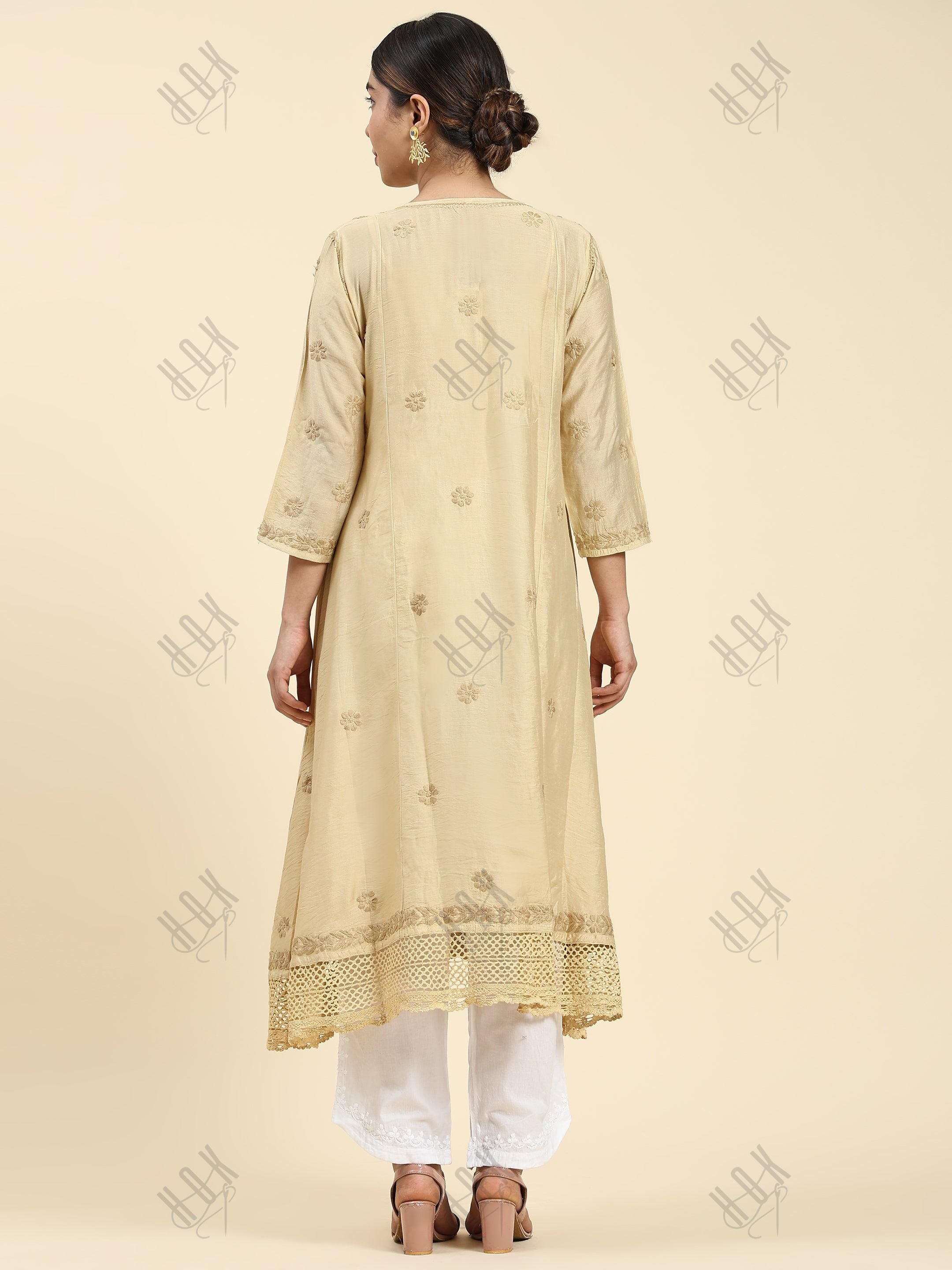 Samma Chikankari Angrakha Long Kurta in Chanderi Silk for Women - Beige - House Of Kari (Chikankari Clothing)