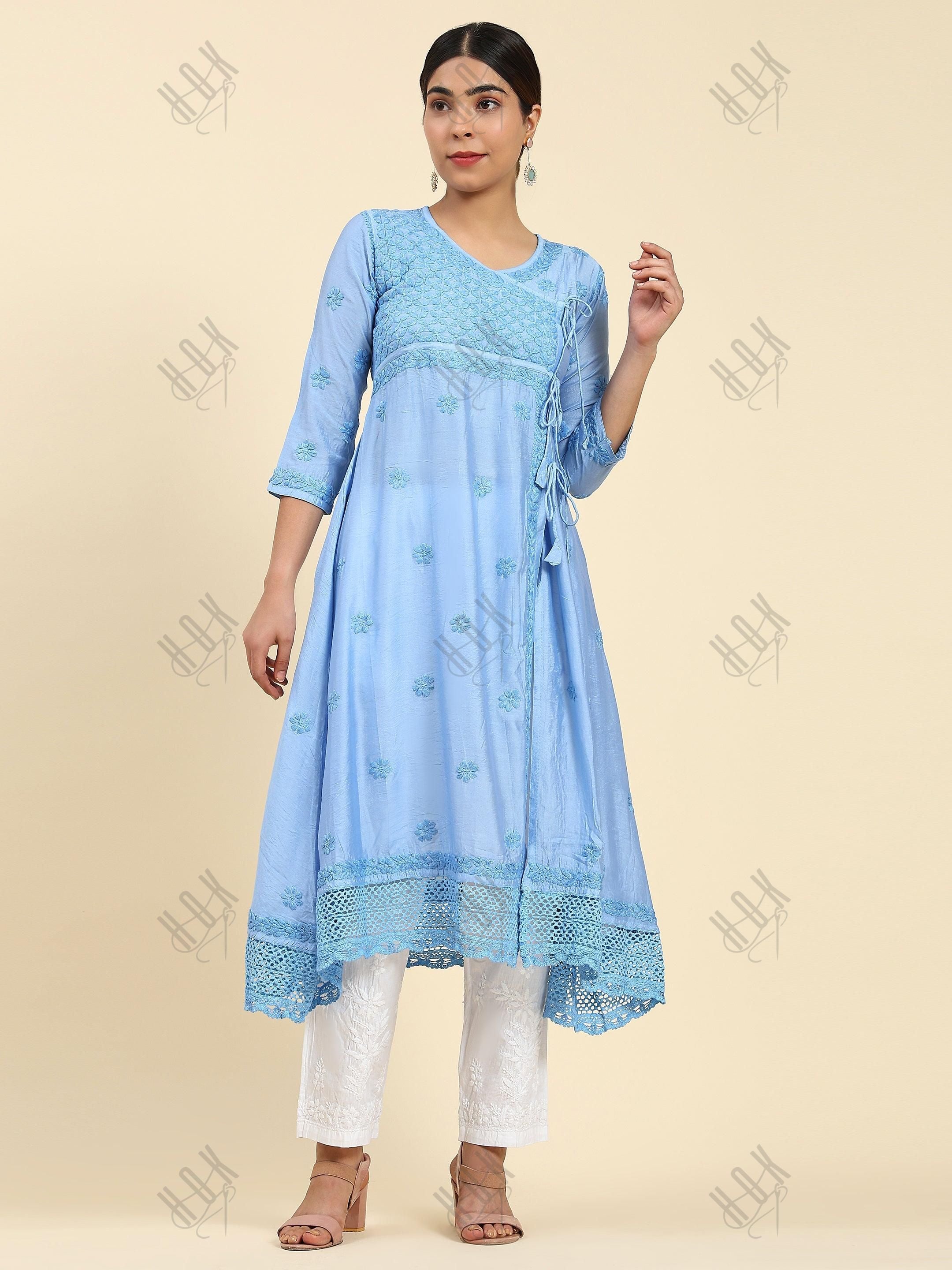 Samma Chikankari Angrakha Long Kurta in Chanderi Silk for Women - Blue - House Of Kari (Chikankari Clothing)