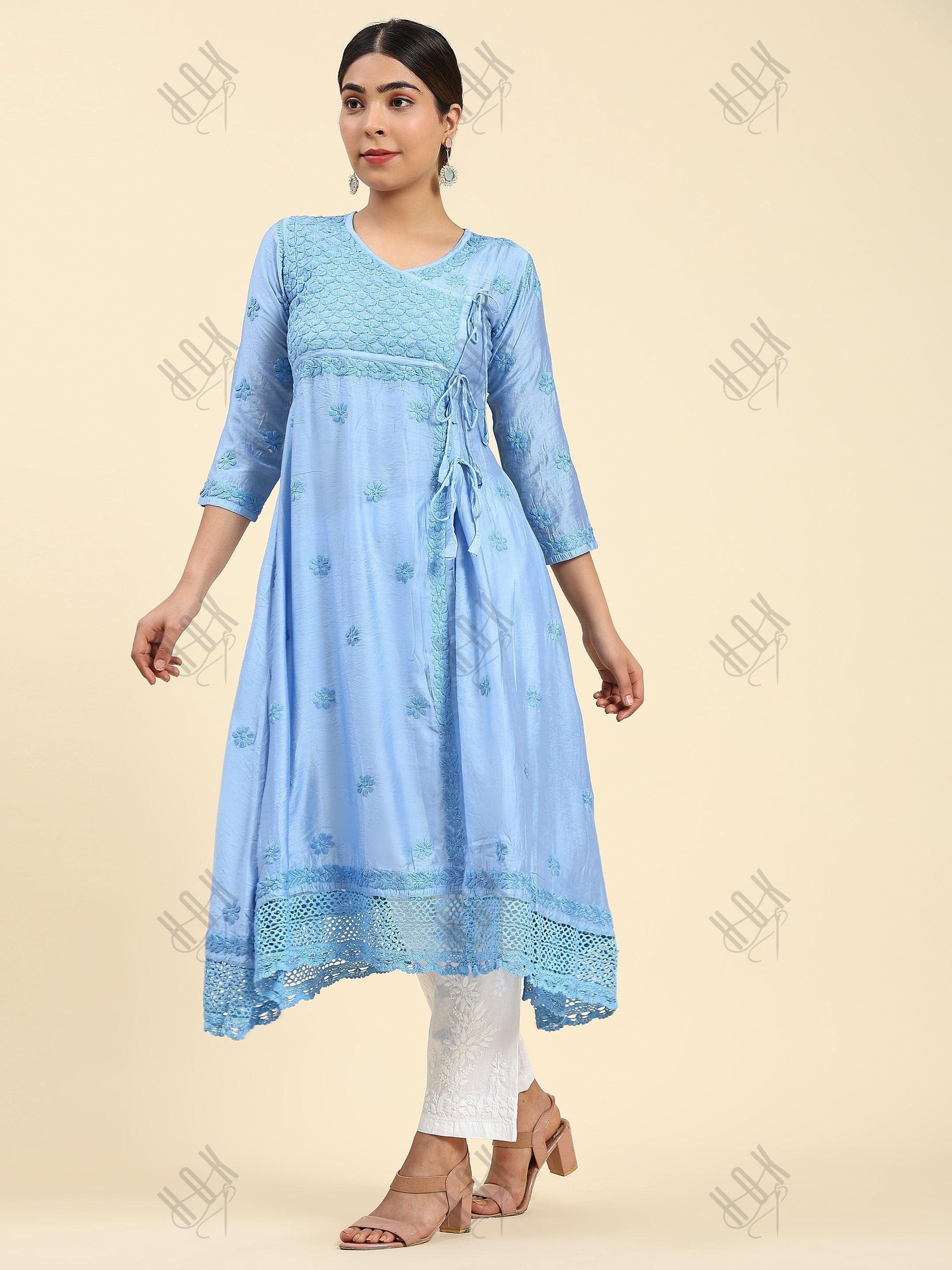 Samma Chikankari Angrakha Long Kurta in Chanderi Silk for Women - Blue - House Of Kari (Chikankari Clothing)