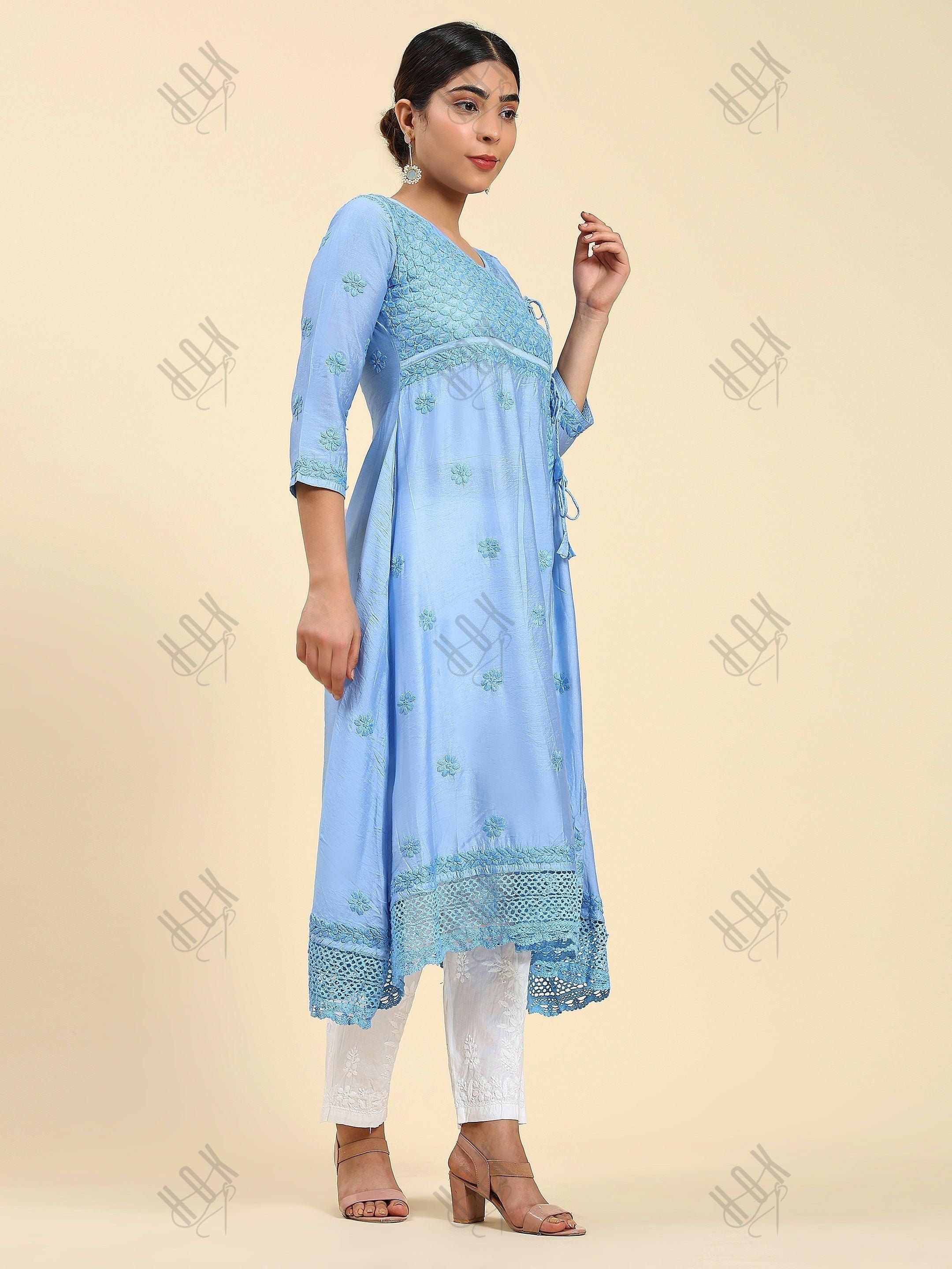 Samma Chikankari Angrakha Long Kurta in Chanderi Silk for Women - Blue - House Of Kari (Chikankari Clothing)