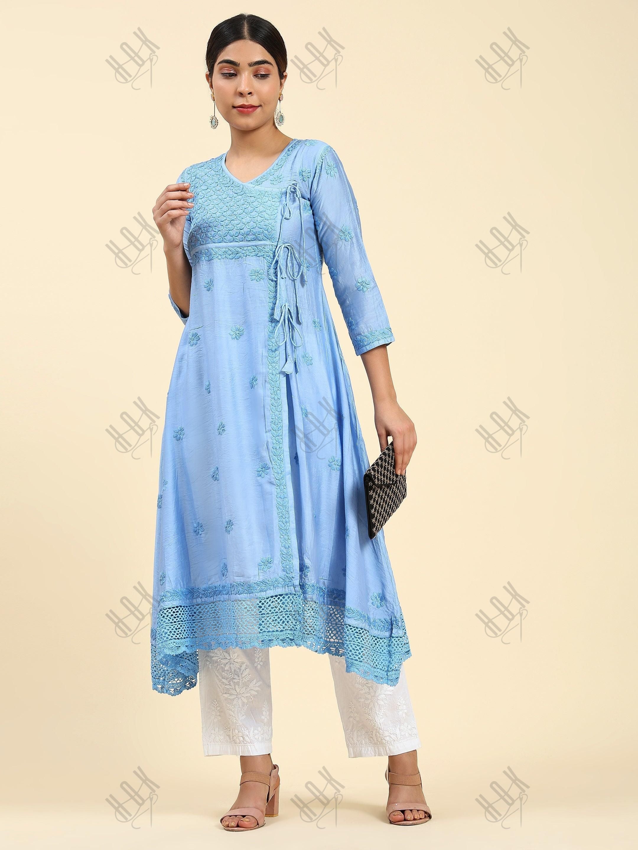 Samma Chikankari Angrakha Long Kurta in Chanderi Silk for Women - Blue - House Of Kari (Chikankari Clothing)