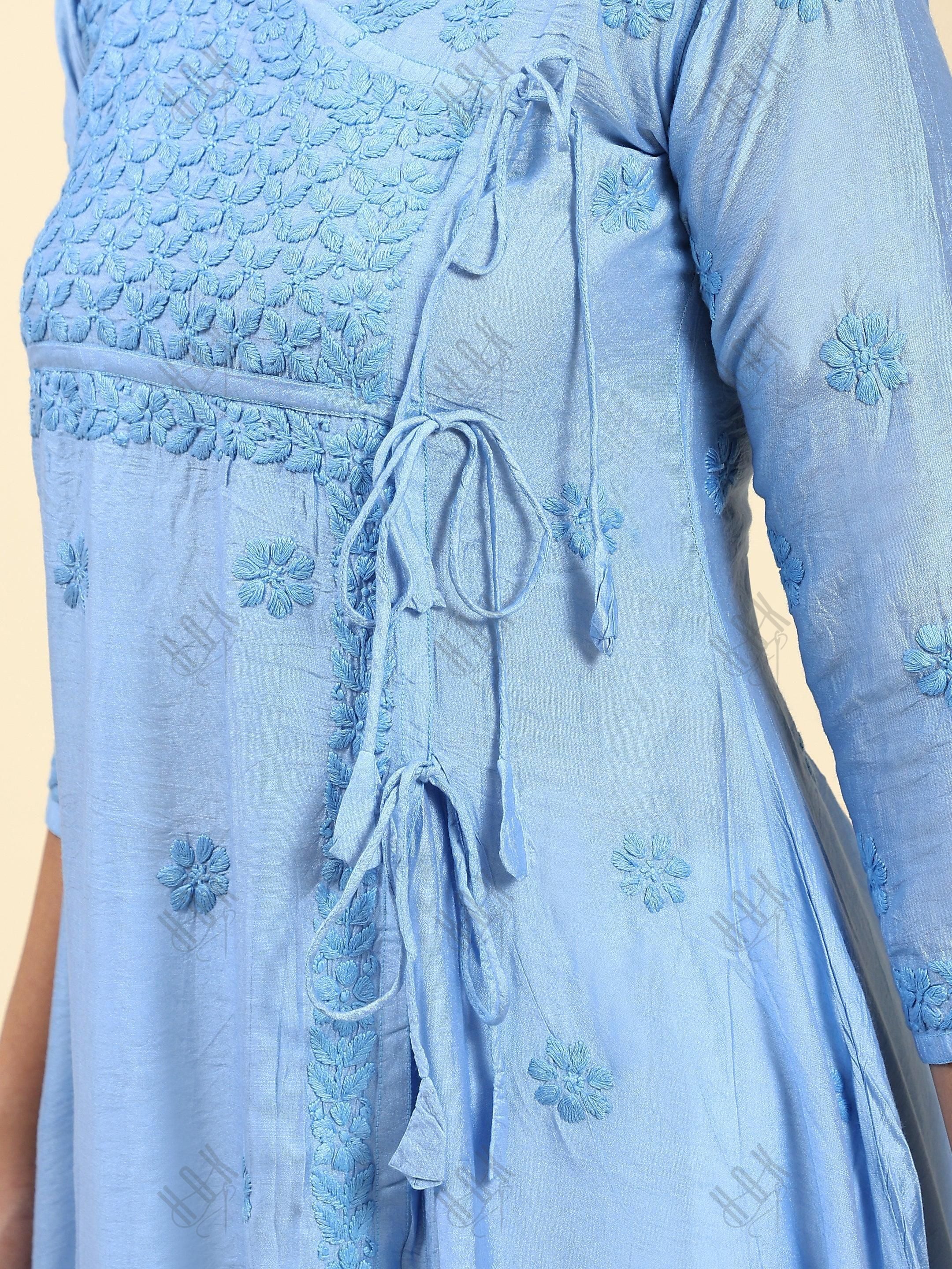 Samma Chikankari Angrakha Long Kurta in Chanderi Silk for Women - Blue - House Of Kari (Chikankari Clothing)