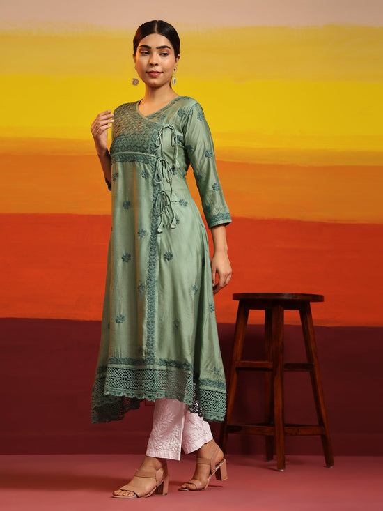 Samma Chikankari Angrakha Long Kurta in Chanderi Silk for Women - Green - House Of Kari (Chikankari Clothing)