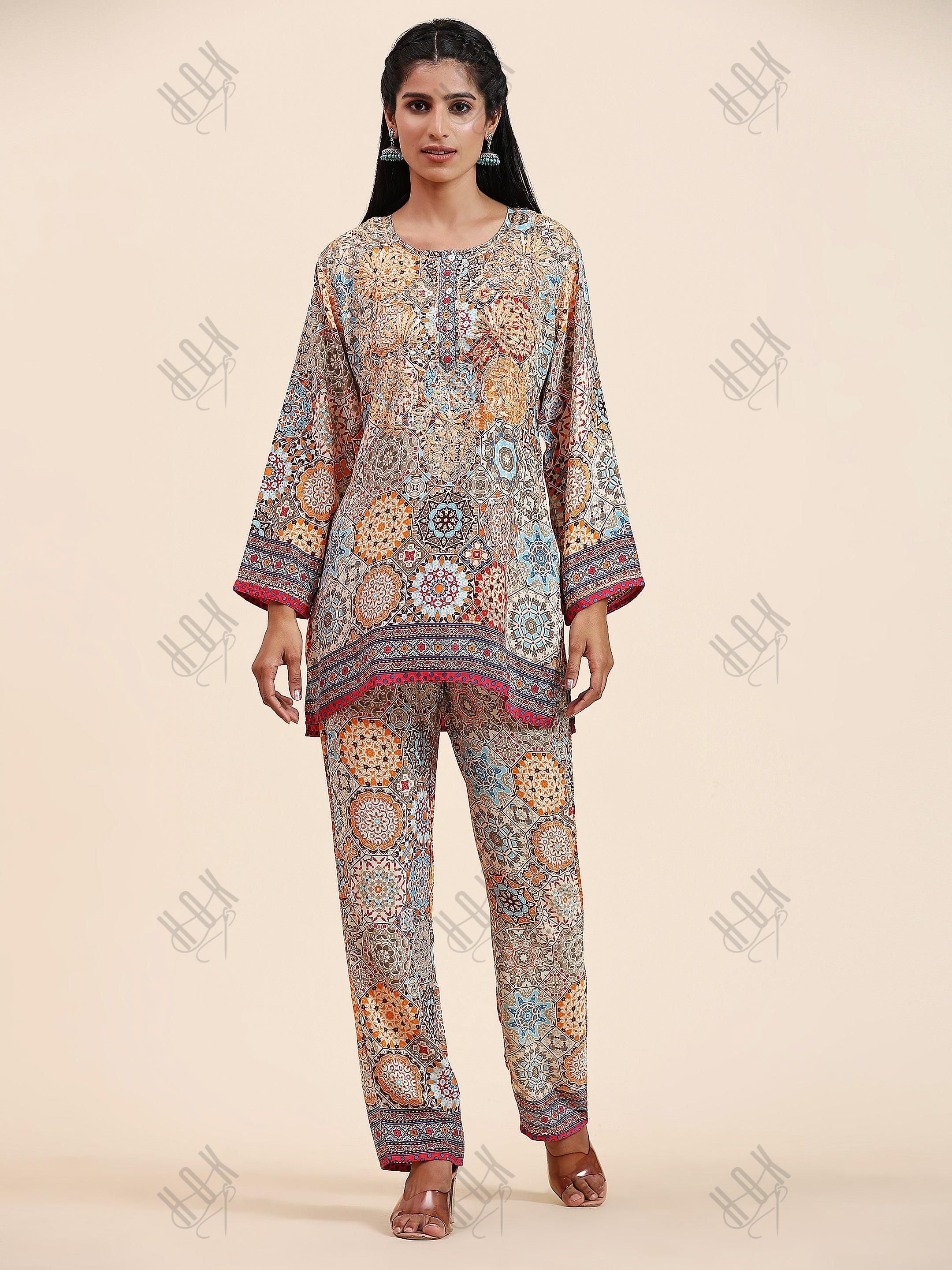 Samma Chikankari Co-ord Set in Polysilk for Women- Orange multicolour Print - House Of Kari (Chikankari Clothing)