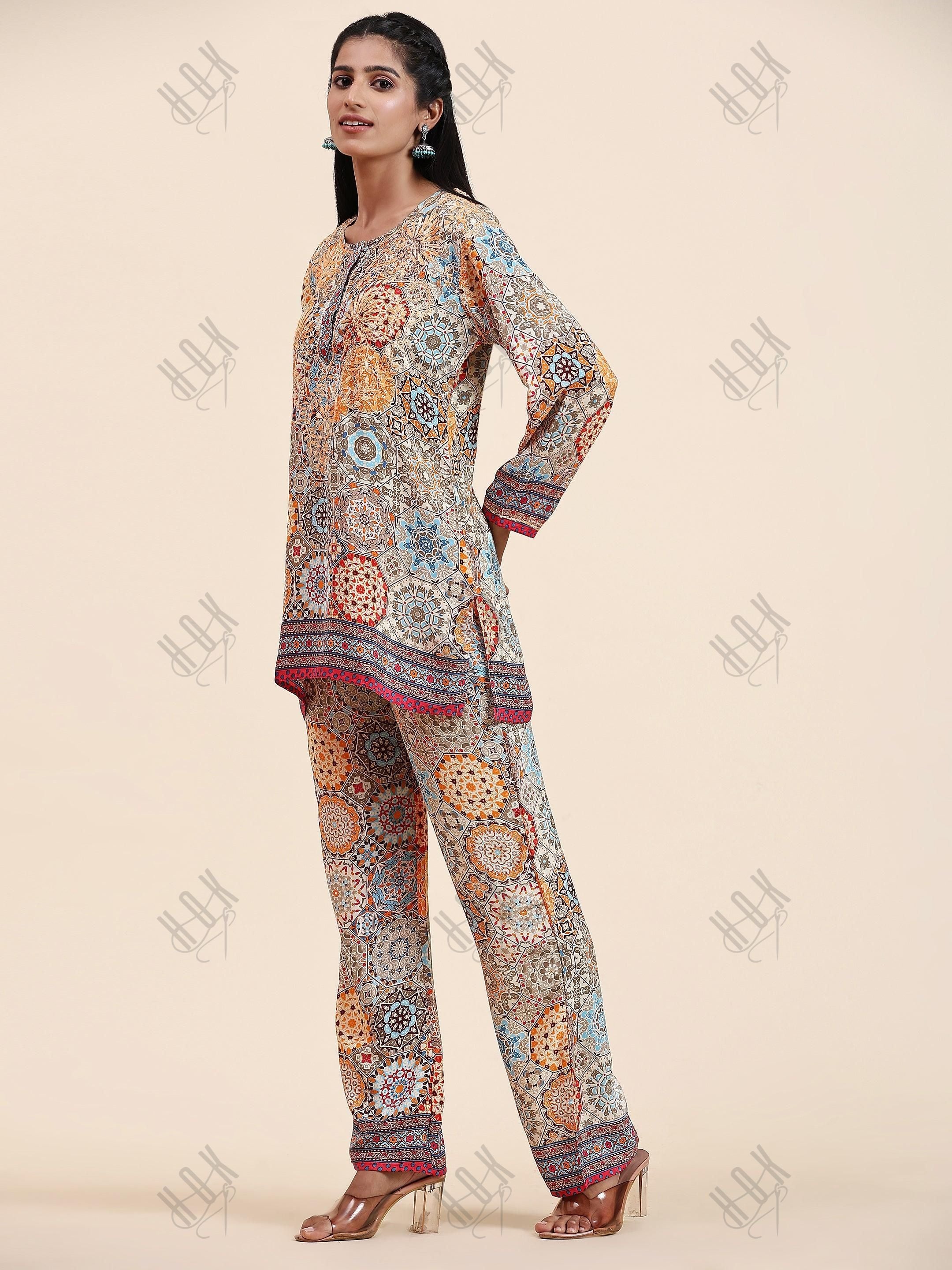 Samma Chikankari Co-ord Set in Polysilk for Women- Orange multicolour Print - House Of Kari (Chikankari Clothing)