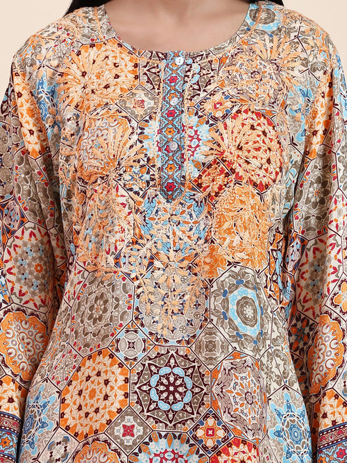 Samma Chikankari Co-ord Set in Polysilk for Women- Orange multicolour Print - House Of Kari (Chikankari Clothing)