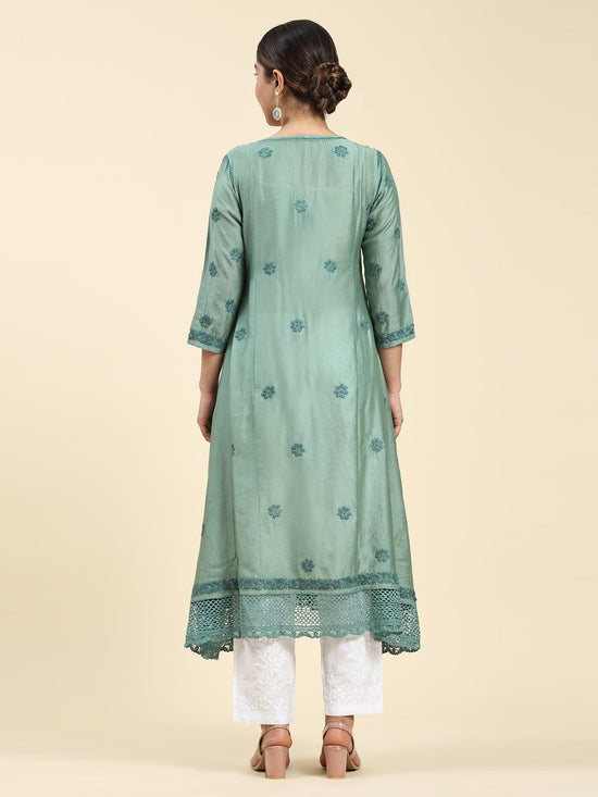 Samma Chikankari Angrakha Long Kurta in Chanderi Silk for Women - Green - House Of Kari (Chikankari Clothing)