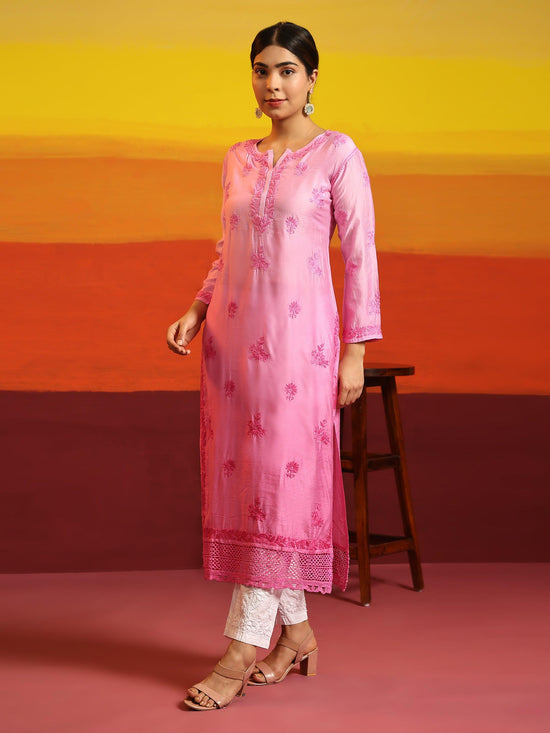 Samma Chikankari Long Kurta in Chanderi Silk for Women - Rani Pink - House Of Kari (Chikankari Clothing)