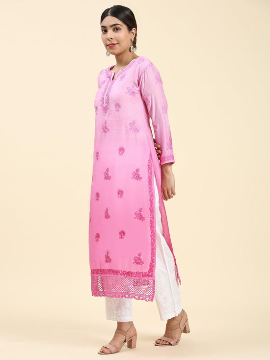 Samma Chikankari Long Kurta in Chanderi Silk for Women - Rani Pink - House Of Kari (Chikankari Clothing)