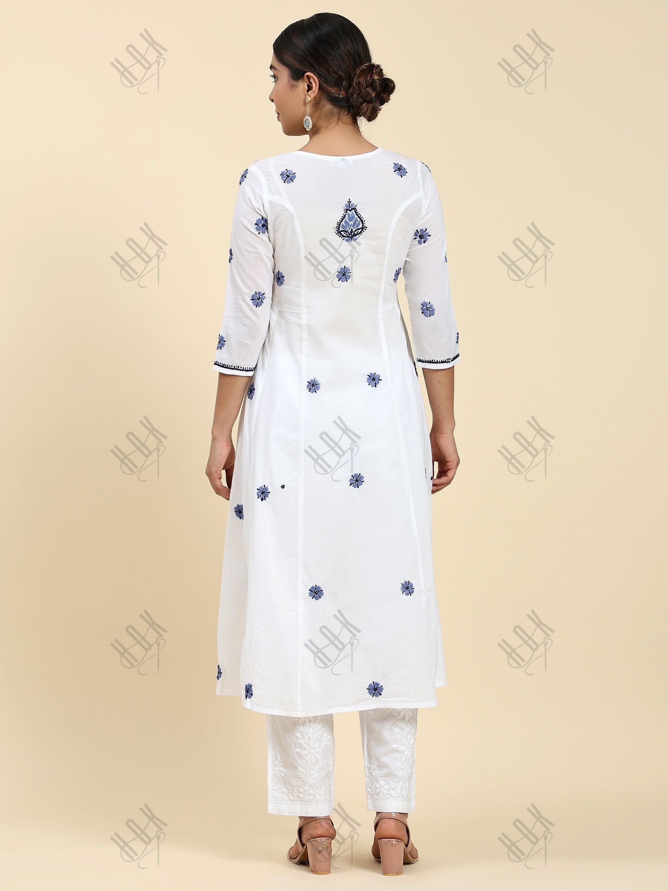 Samma Chikankari Long Kurta in Cotton for Women - White With Blue - House Of Kari (Chikankari Clothing)