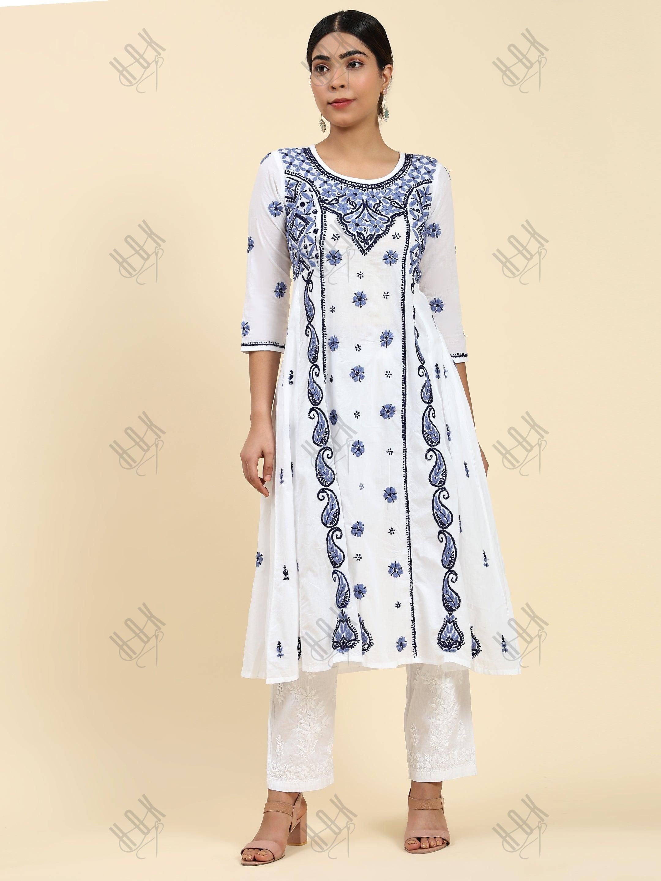 Samma Chikankari Long Kurta in Cotton for Women - White With Blue - House Of Kari (Chikankari Clothing)