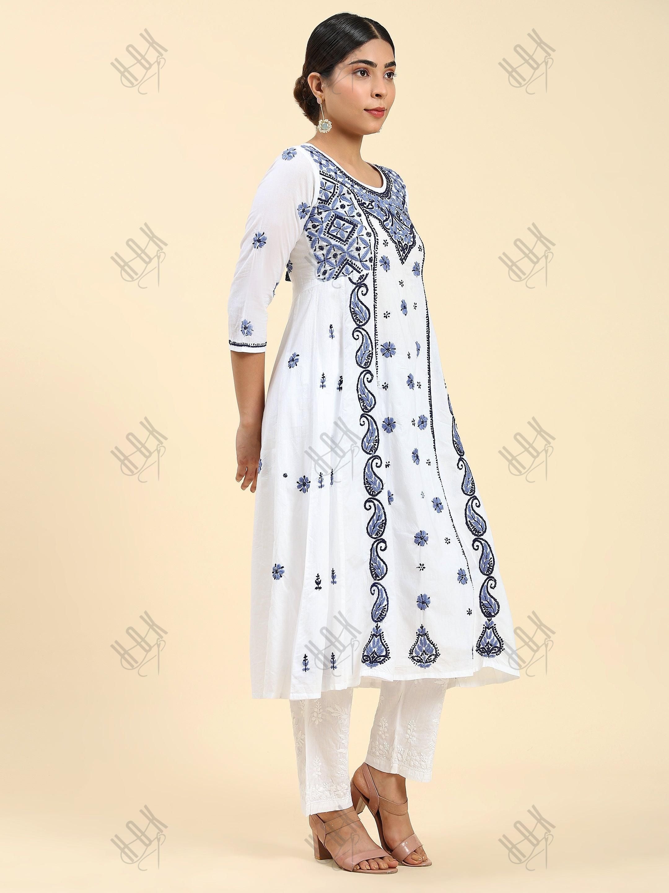 Samma Chikankari Long Kurta in Cotton for Women - White With Blue - House Of Kari (Chikankari Clothing)