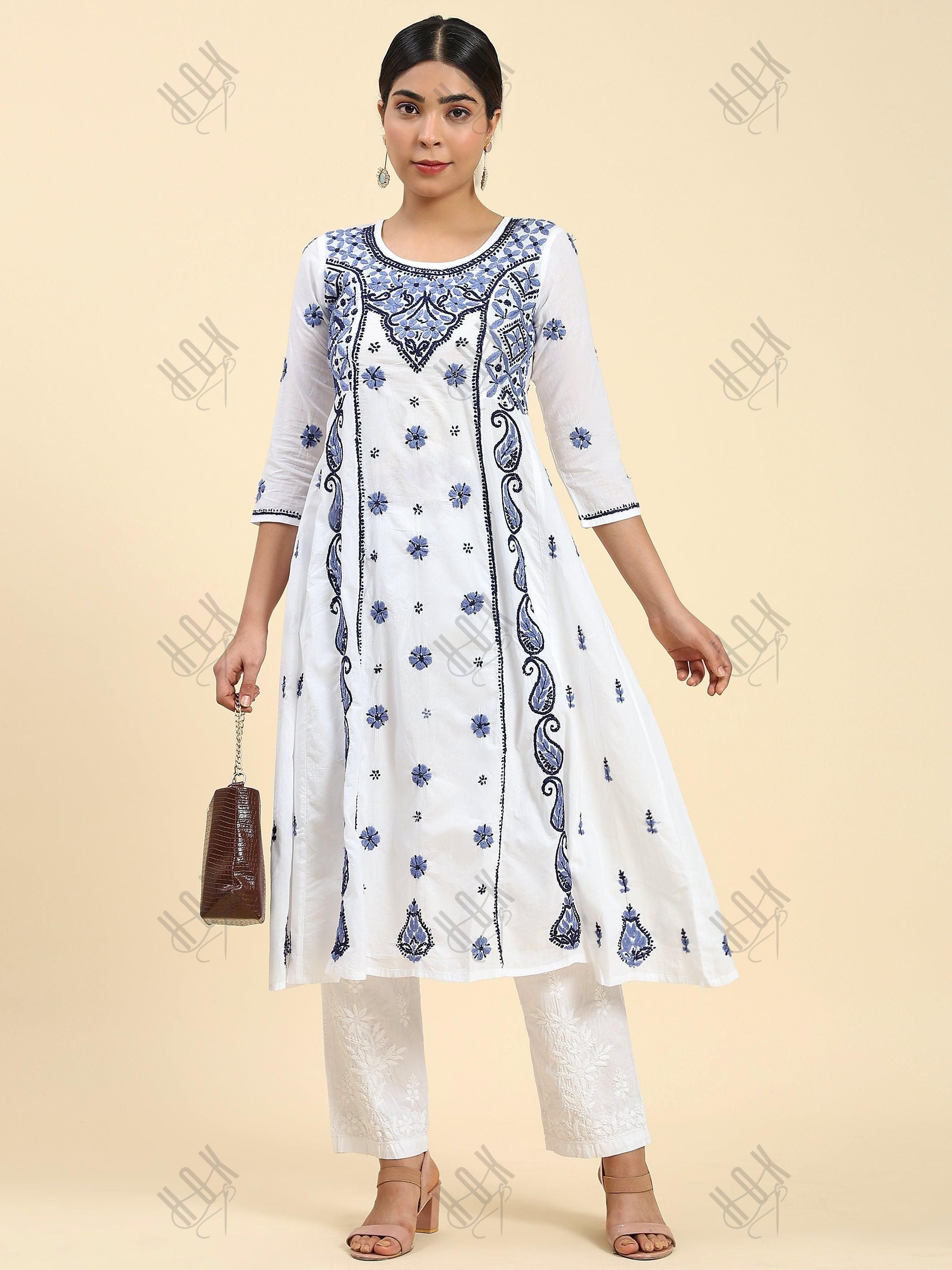 Samma Chikankari Long Kurta in Cotton for Women - White With Blue - House Of Kari (Chikankari Clothing)