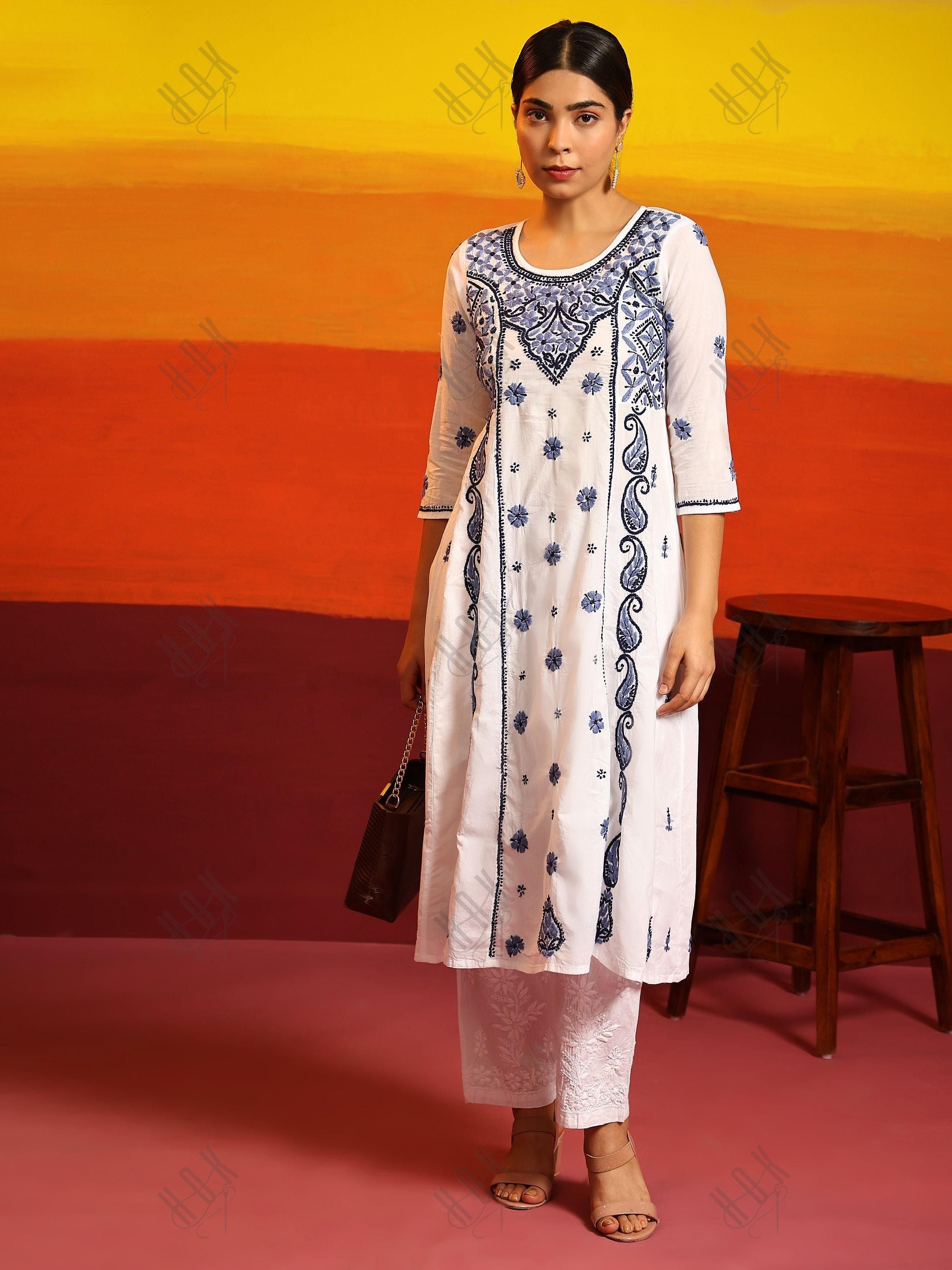 Samma Chikankari Long Kurta in Cotton for Women - White With Blue - House Of Kari (Chikankari Clothing)