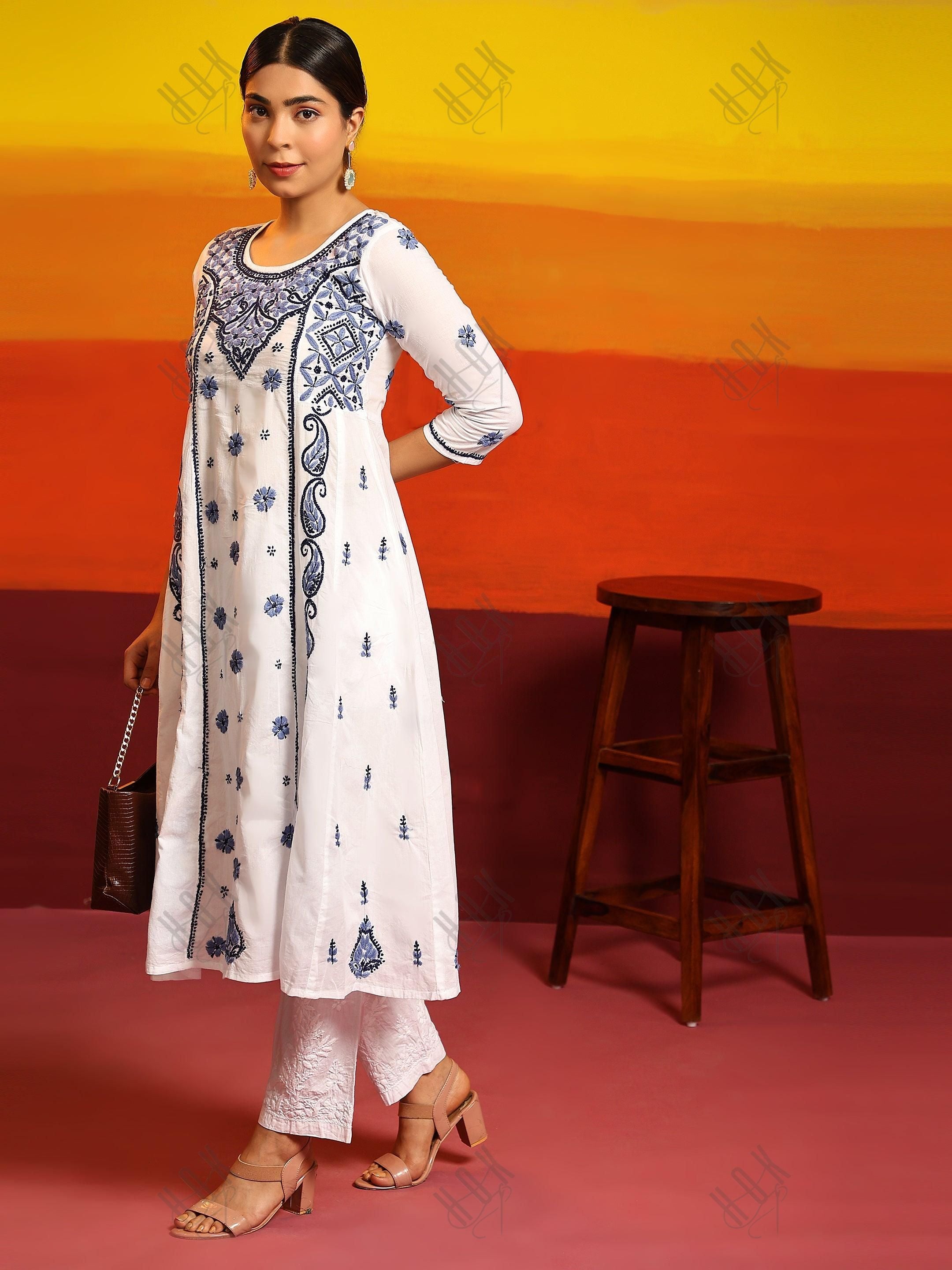 Samma Chikankari Long Kurta in Cotton for Women - White With Blue - House Of Kari (Chikankari Clothing)