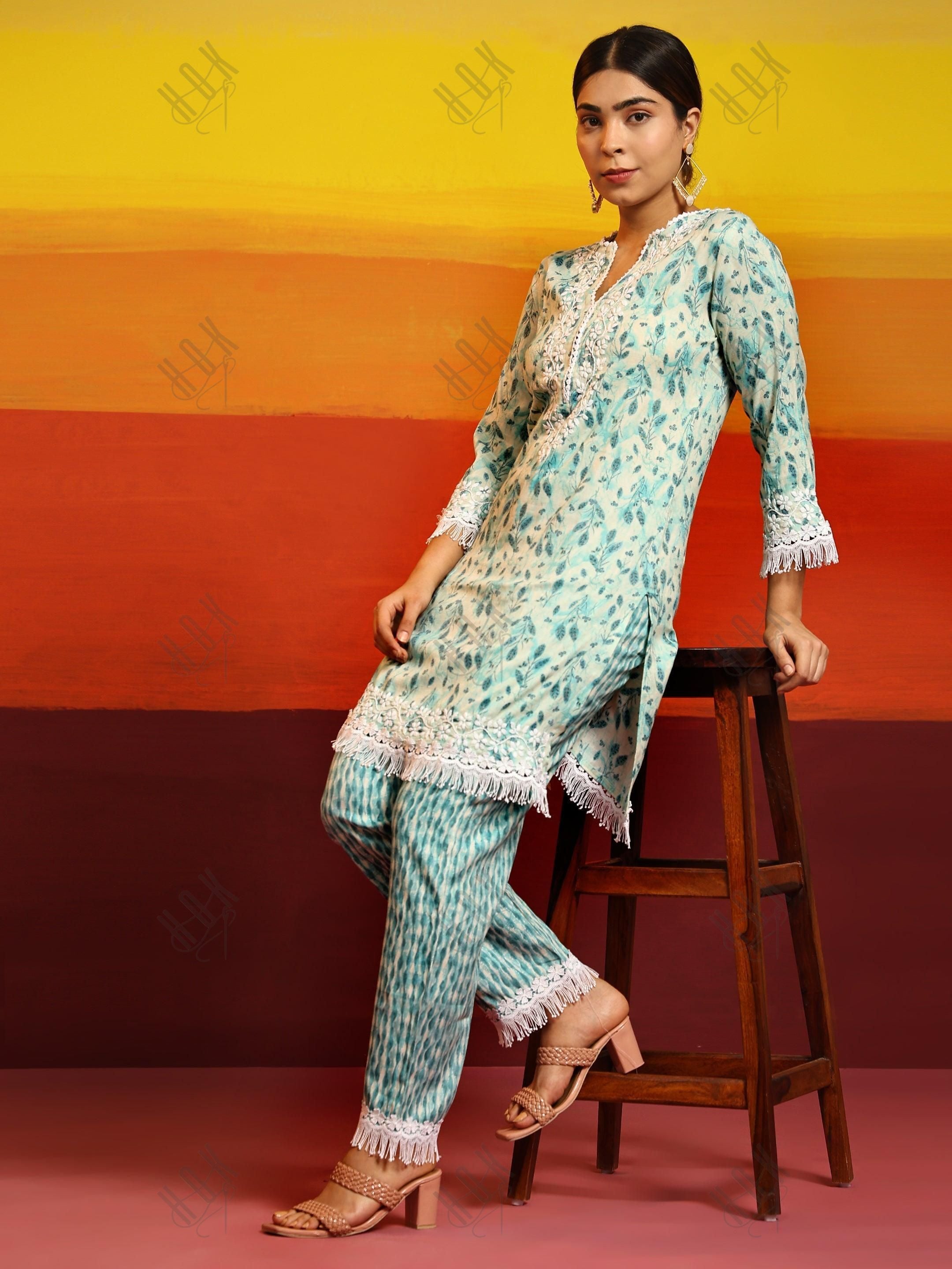 Samma Chikankari Co-ord set in Cotton for Women- Green - House Of Kari (Chikankari Clothing)