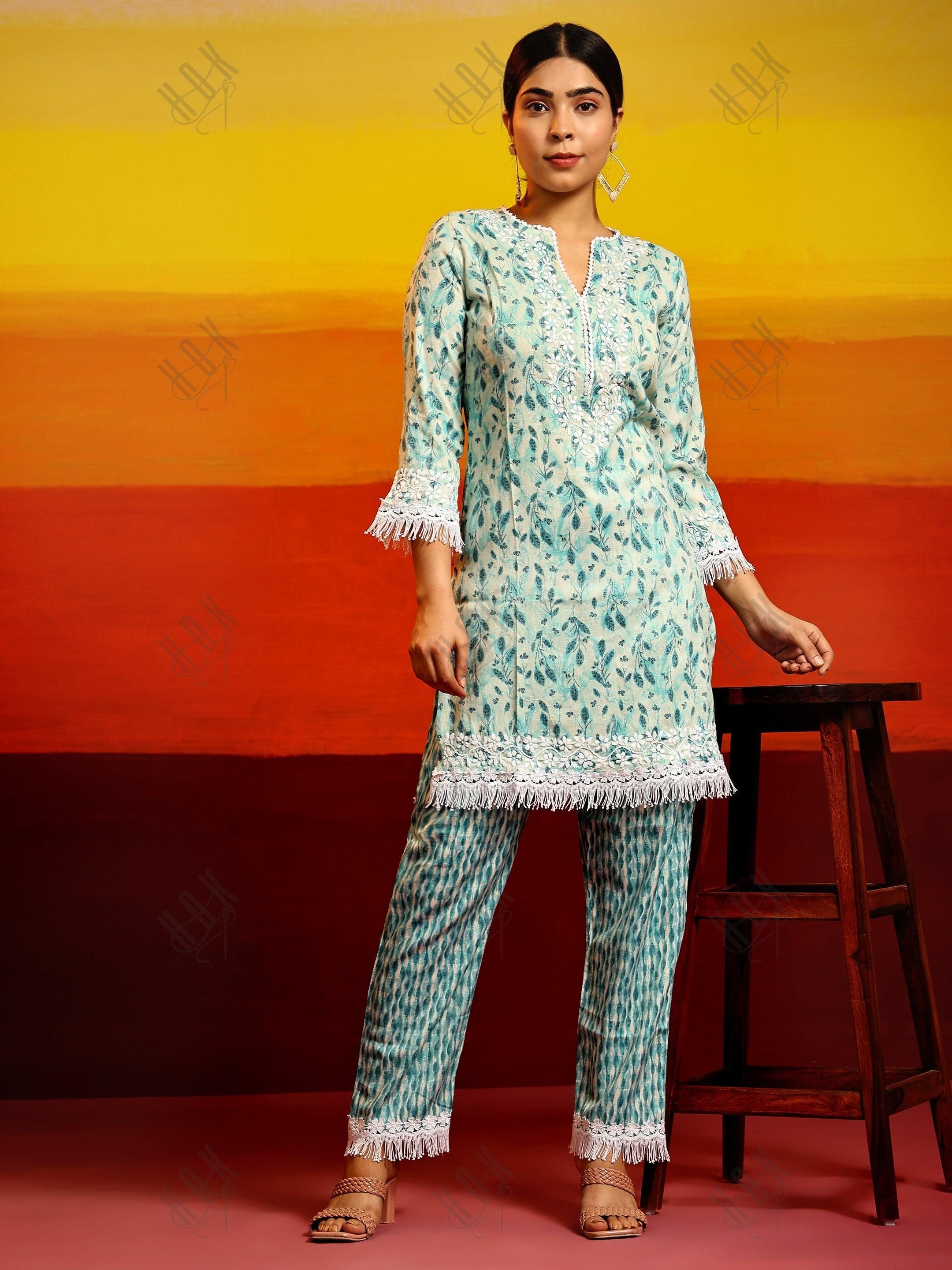 Samma Chikankari Co-ord set in Cotton for Women- Green - House Of Kari (Chikankari Clothing)