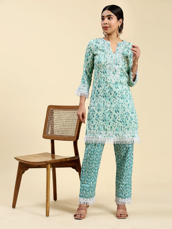 Samma Chikankari Co-ord set in Cotton for Women- Green - House Of Kari (Chikankari Clothing)