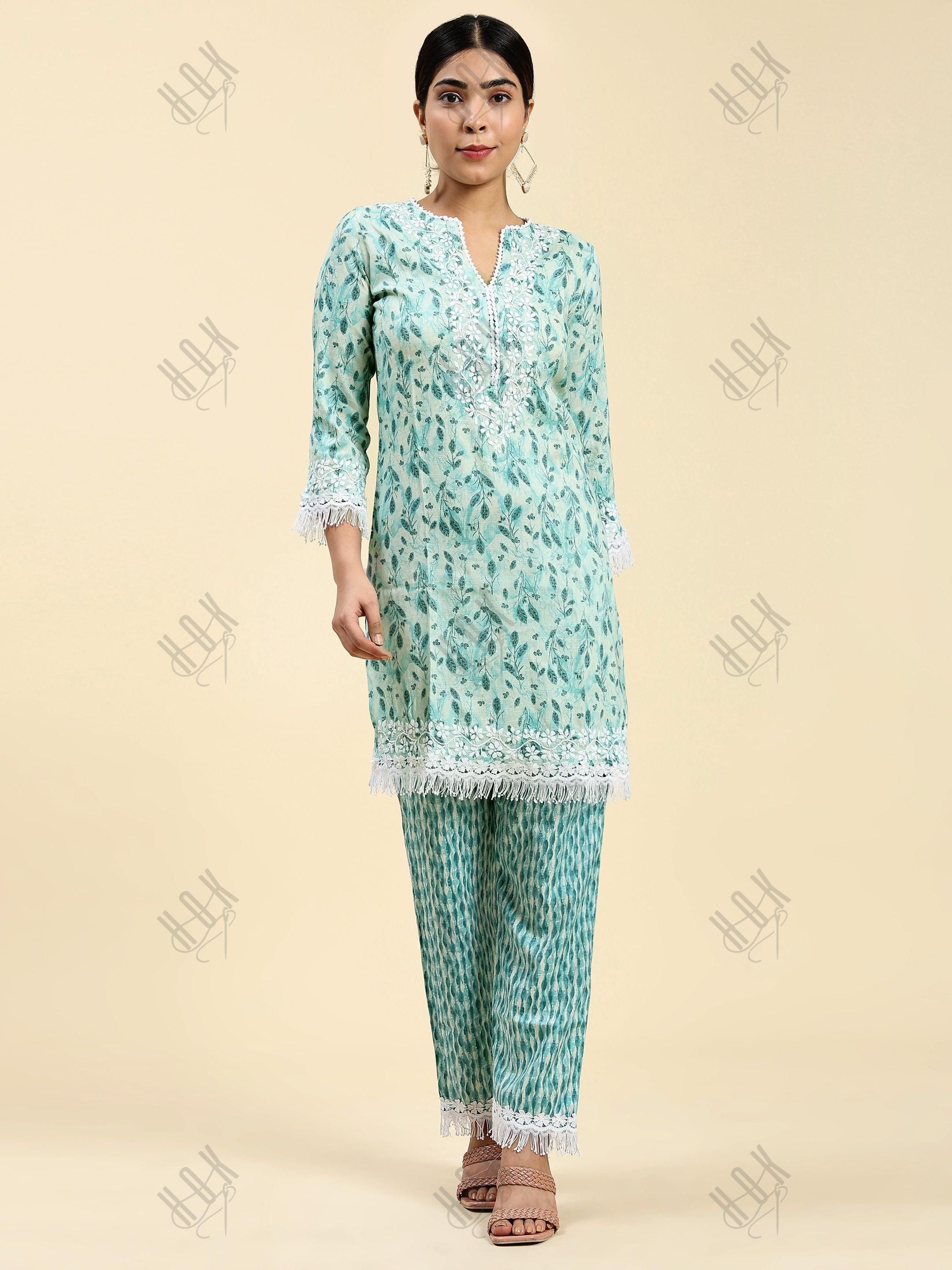 Samma Chikankari Co-ord set in Cotton for Women- Green - House Of Kari (Chikankari Clothing)