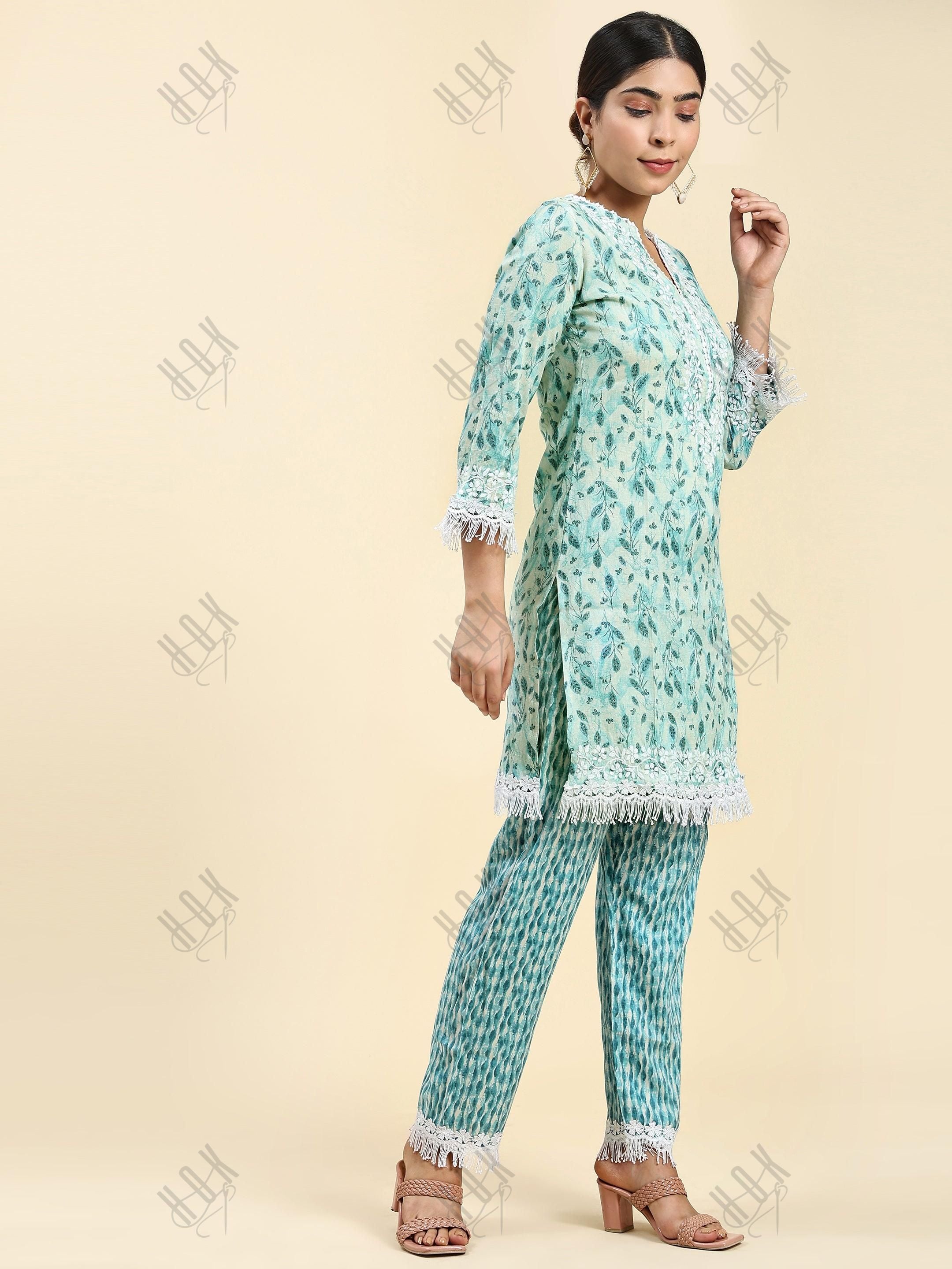 Samma Chikankari Co-ord set in Cotton for Women- Green - House Of Kari (Chikankari Clothing)