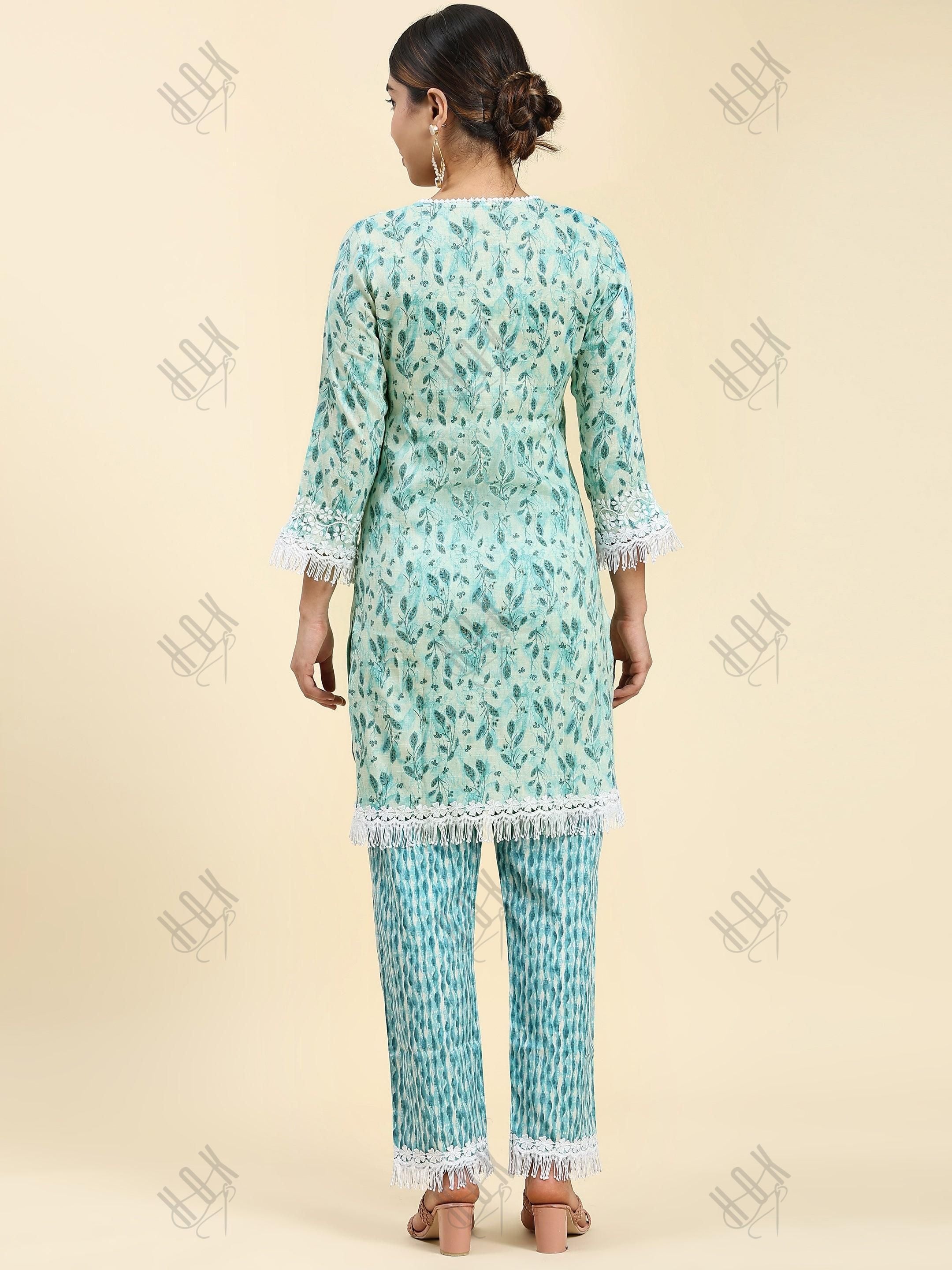 Samma Chikankari Co-ord set in Cotton for Women- Green - House Of Kari (Chikankari Clothing)