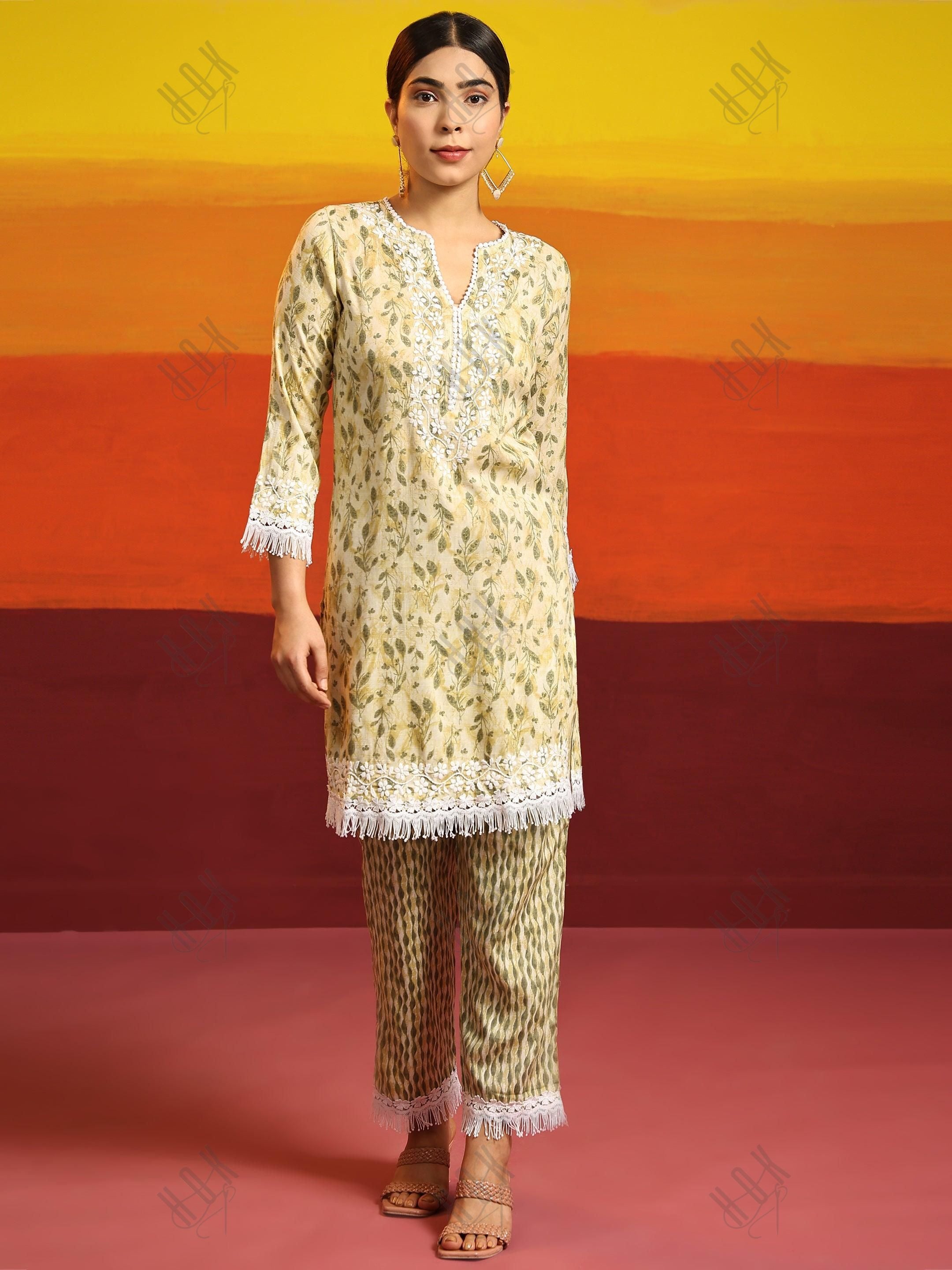 Samma Chikankari Co-ord set in Cotton for Women- Cream - House Of Kari (Chikankari Clothing)