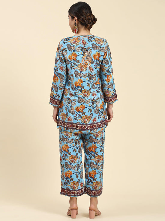 Samma Chikankari Co-ord set in Polysilk for Women- Blue Print - House Of Kari (Chikankari Clothing)