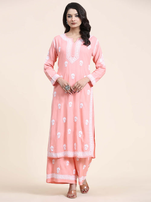 Noor Chikankari CO-ORD Set In Rayon for Women In Peach