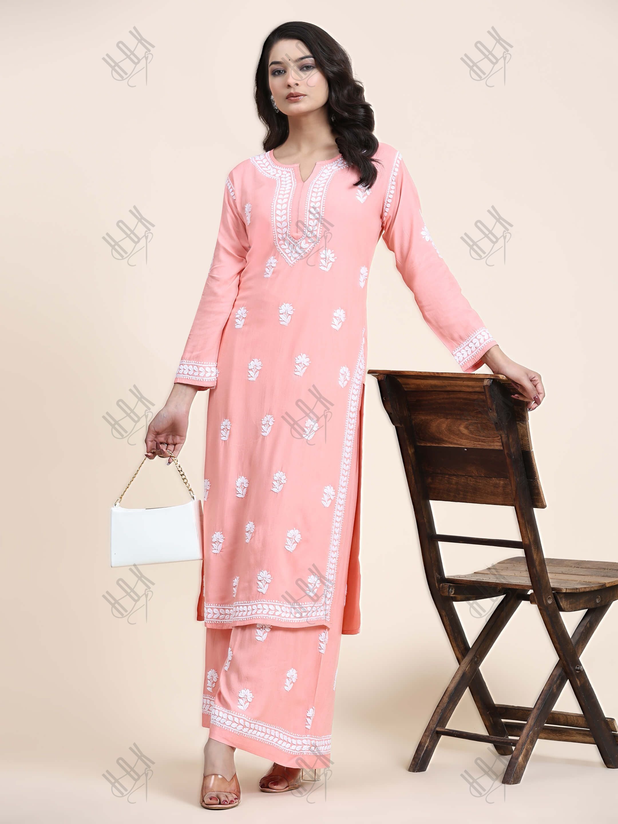 Noor Chikankari CO-ORD Set In Rayon for Women In Peach