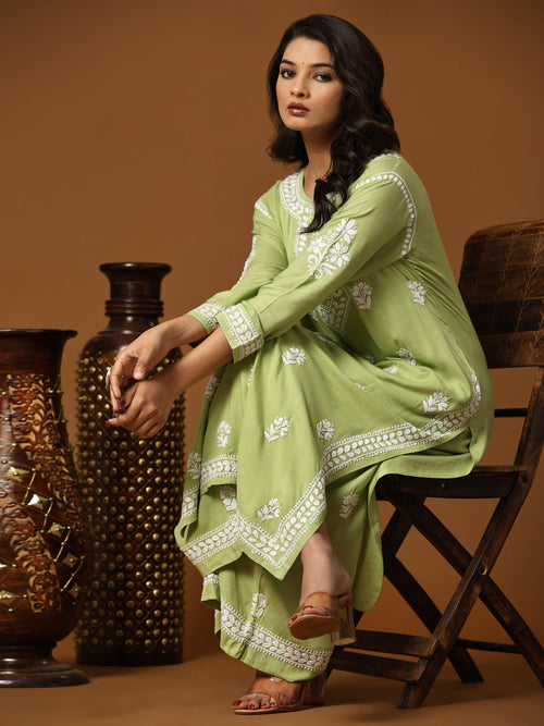 Farheen Noor Chikankari CO-ORD Set In Rayon for Women In Pista Green - House Of Kari (Chikankari Clothing)
