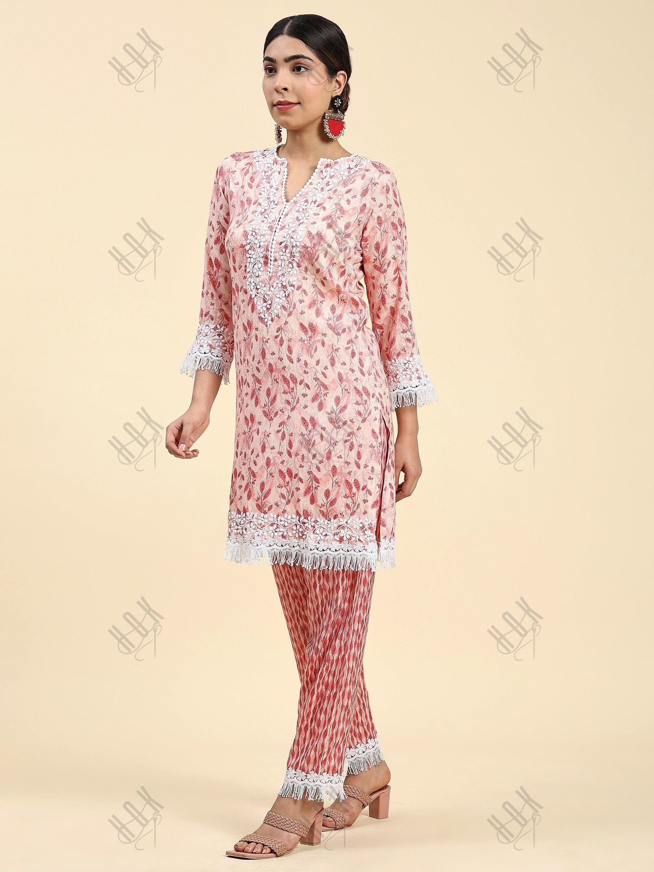 Simran in Samma Chikankari Co-ord set in Cotton for Women- Pink - House Of Kari (Chikankari Clothing)