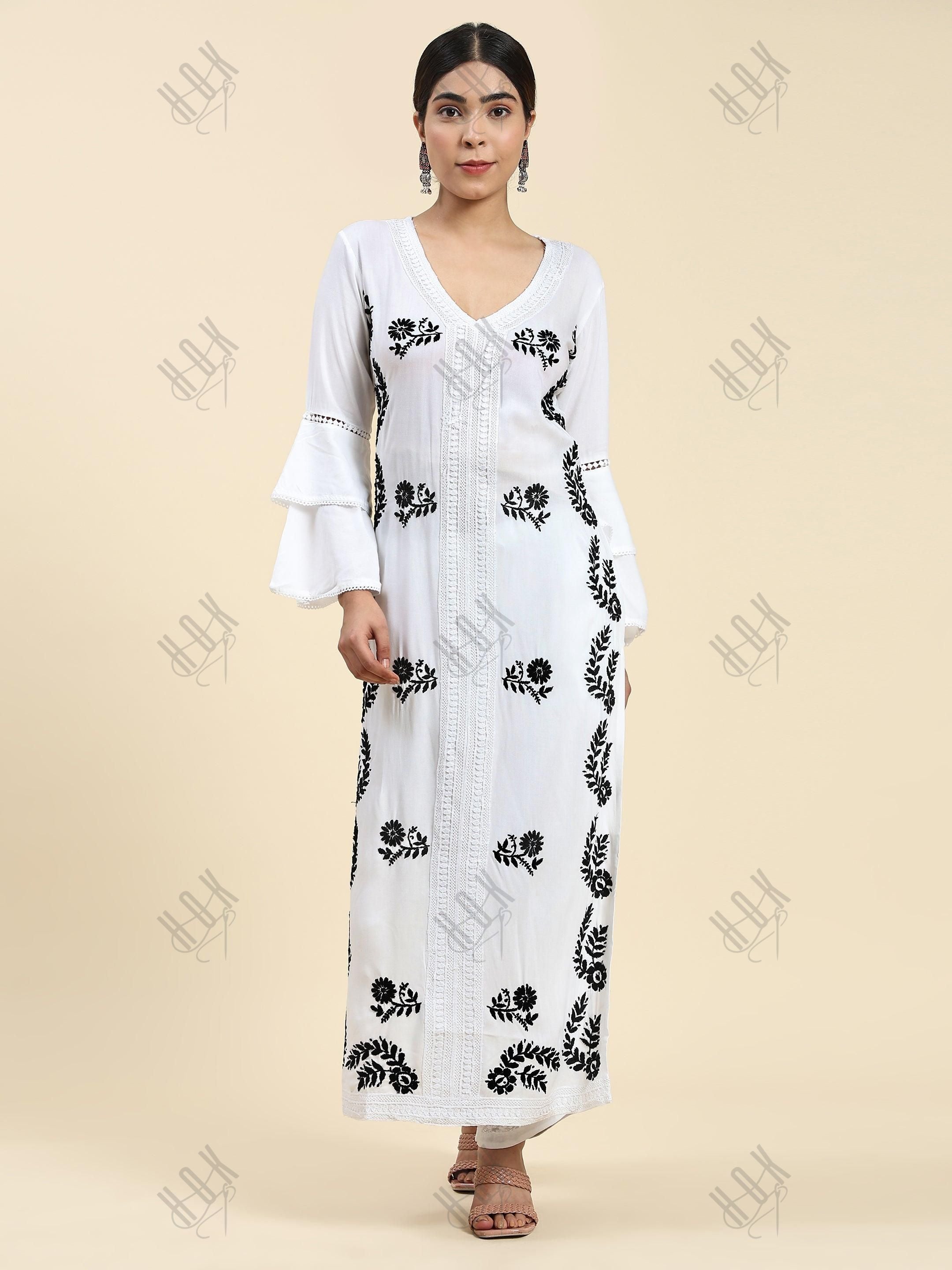 Samma Chikankari Long Kurti In Modal Cotton for Women- White - House Of Kari (Chikankari Clothing)