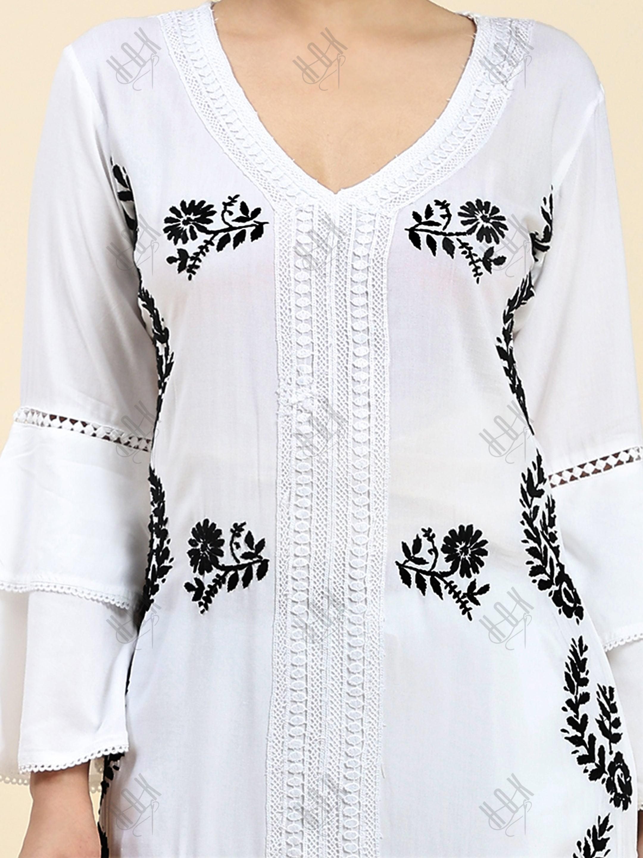 Samma Chikankari Long Kurti In Modal Cotton for Women- White - House Of Kari (Chikankari Clothing)