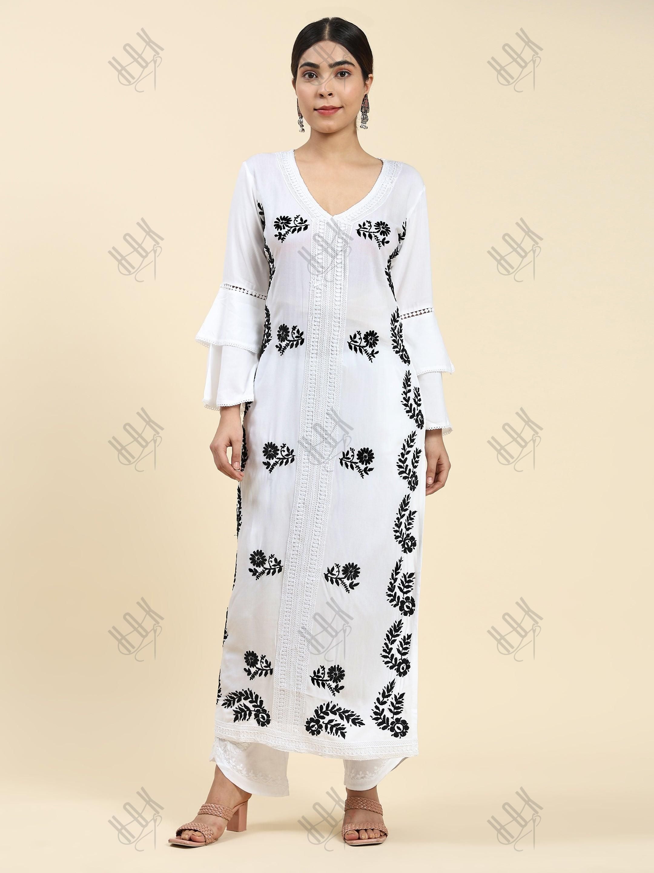 Samma Chikankari Long Kurti In Modal Cotton for Women- White - House Of Kari (Chikankari Clothing)