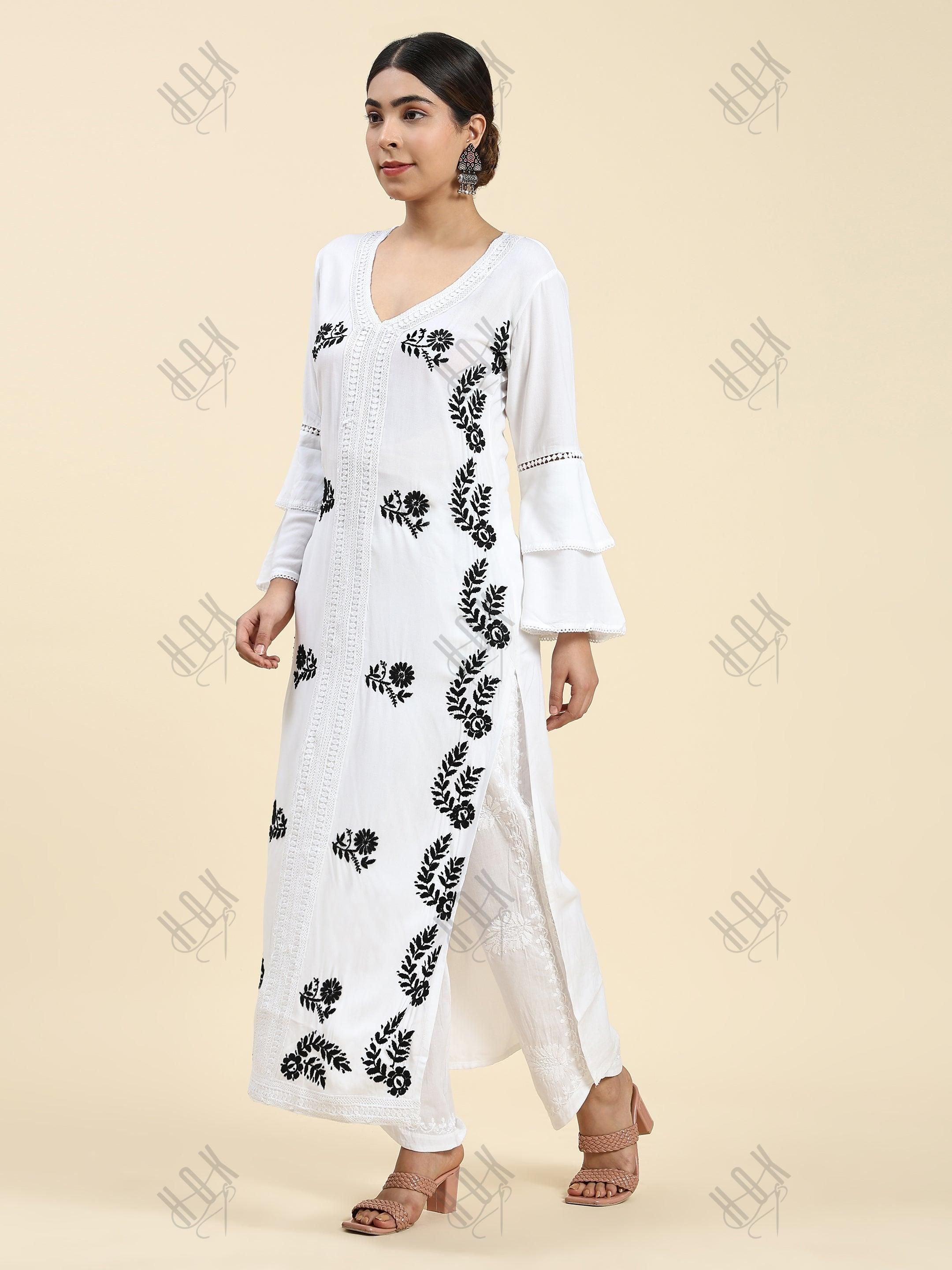 Samma Chikankari Long Kurti In Modal Cotton for Women- White - House Of Kari (Chikankari Clothing)