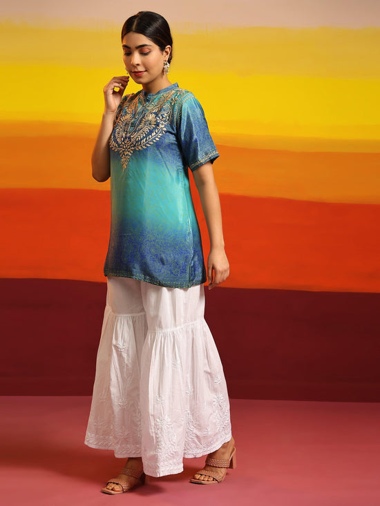Samma Chikankari Short Tunic in Polysik for Women Halfsleeve - MultiBlue - House Of Kari (Chikankari Clothing)