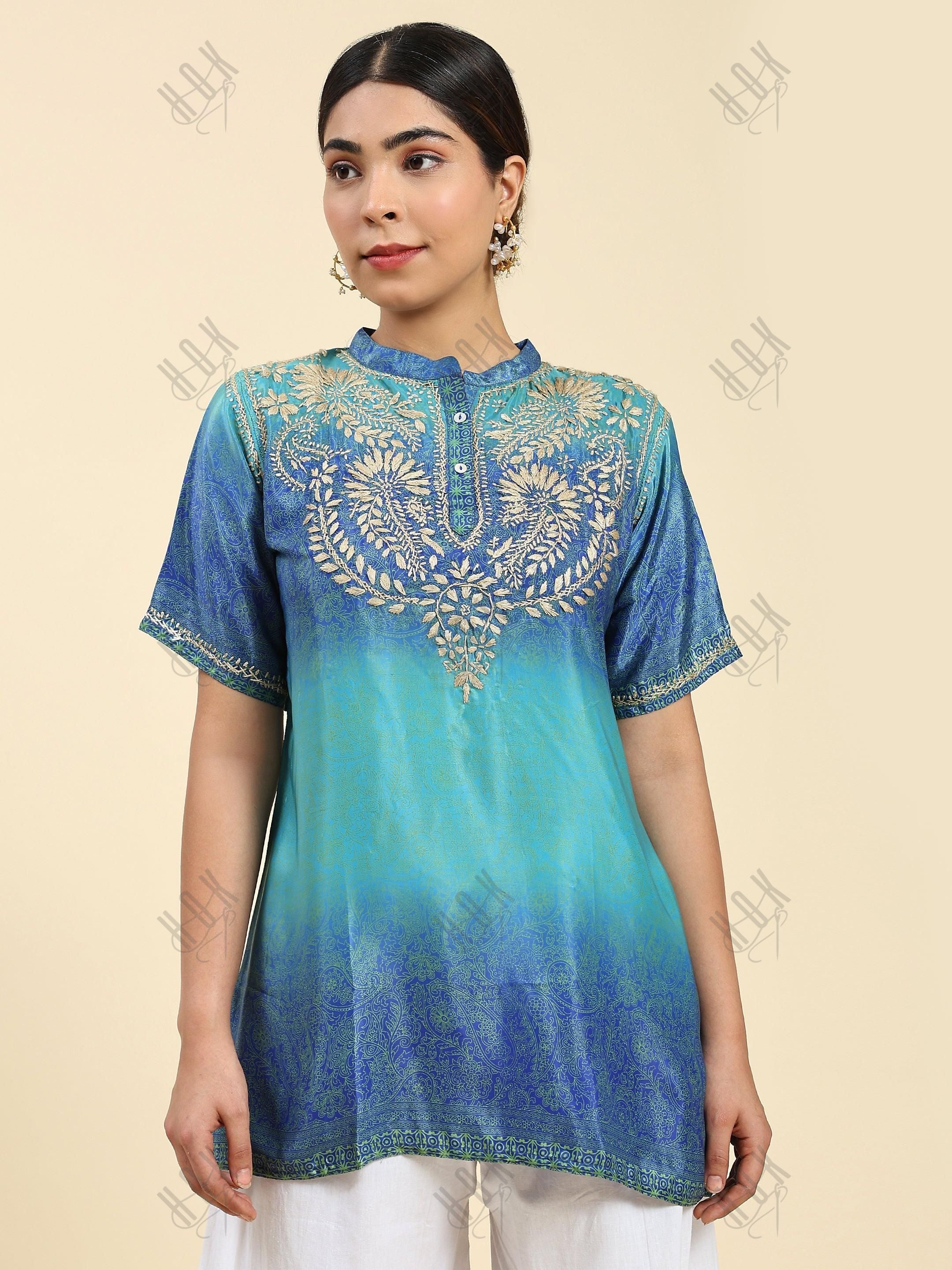 Samma Chikankari Short Tunic in Polysik for Women Halfsleeve - MultiBlue - House Of Kari (Chikankari Clothing)