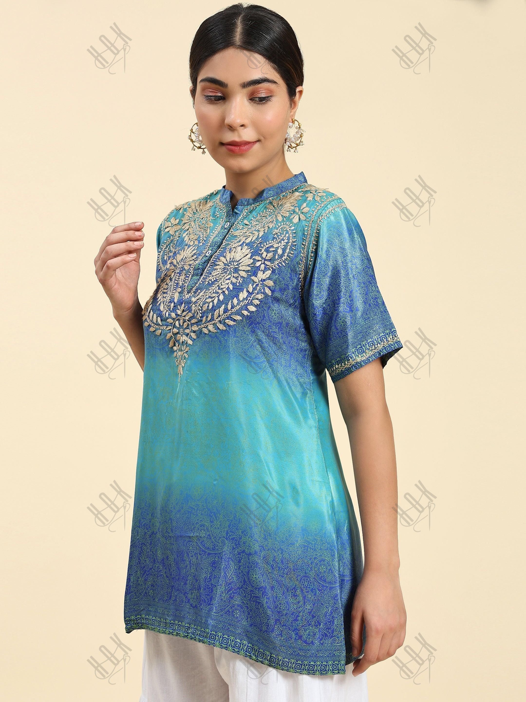 Samma Chikankari Short Tunic in Polysik for Women Halfsleeve - MultiBlue - House Of Kari (Chikankari Clothing)