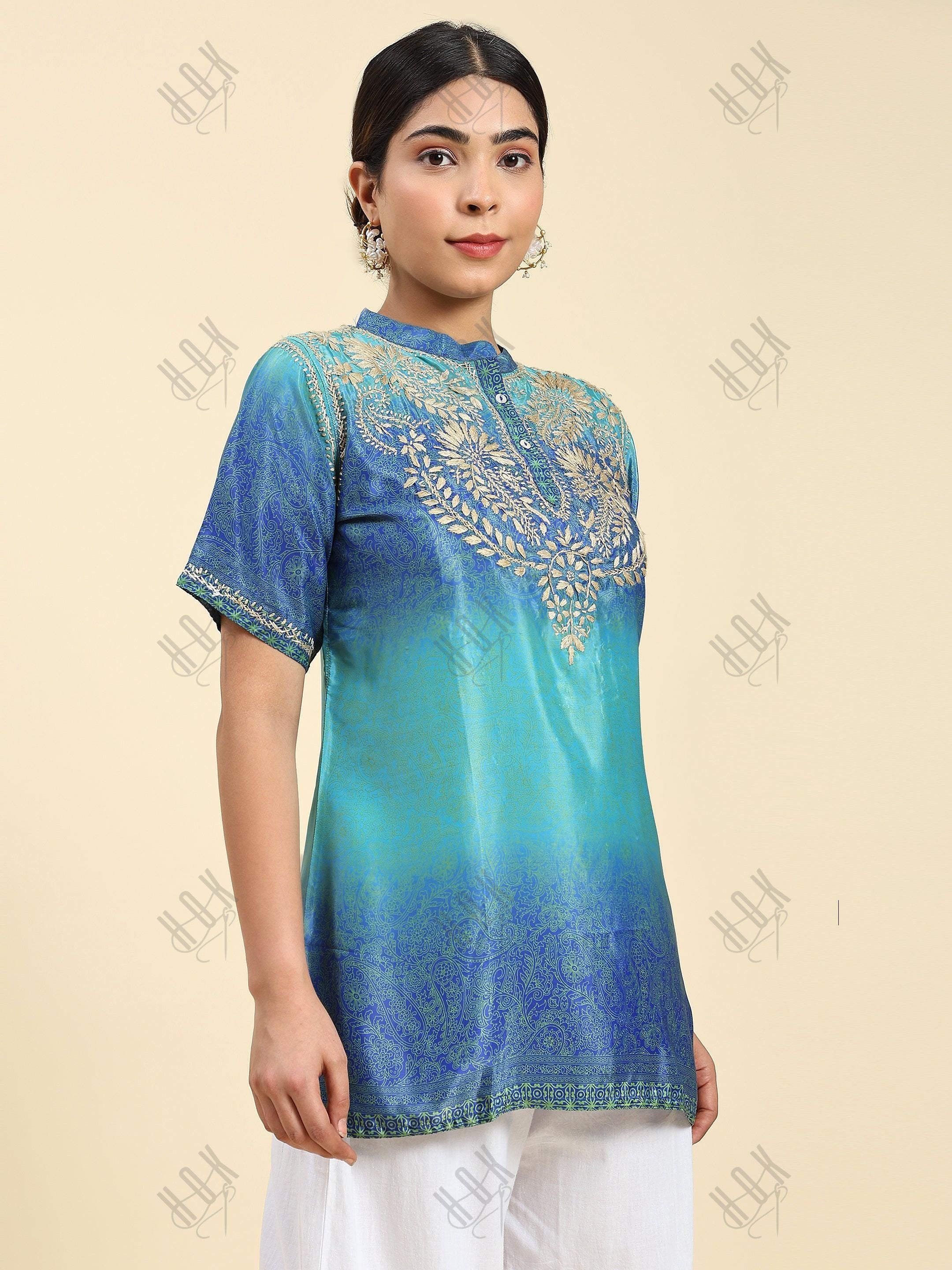 Samma Chikankari Short Tunic in Polysik for Women Halfsleeve - MultiBlue - House Of Kari (Chikankari Clothing)