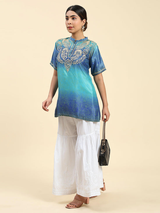 Samma Chikankari Short Tunic in Polysik for Women Halfsleeve - MultiBlue - House Of Kari (Chikankari Clothing)