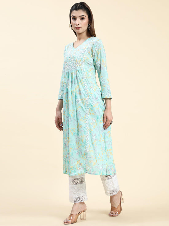 Samma Chikankari Long Kurta in Mul Cotton for Women-Sea Green - House Of Kari (Chikankari Clothing)