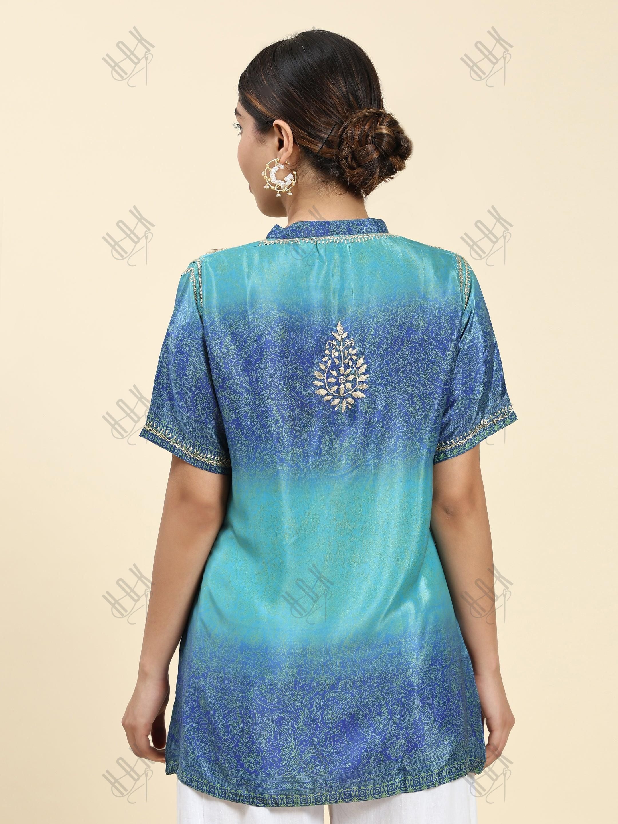 Samma Chikankari Short Tunic in Polysik for Women Halfsleeve - MultiBlue - House Of Kari (Chikankari Clothing)