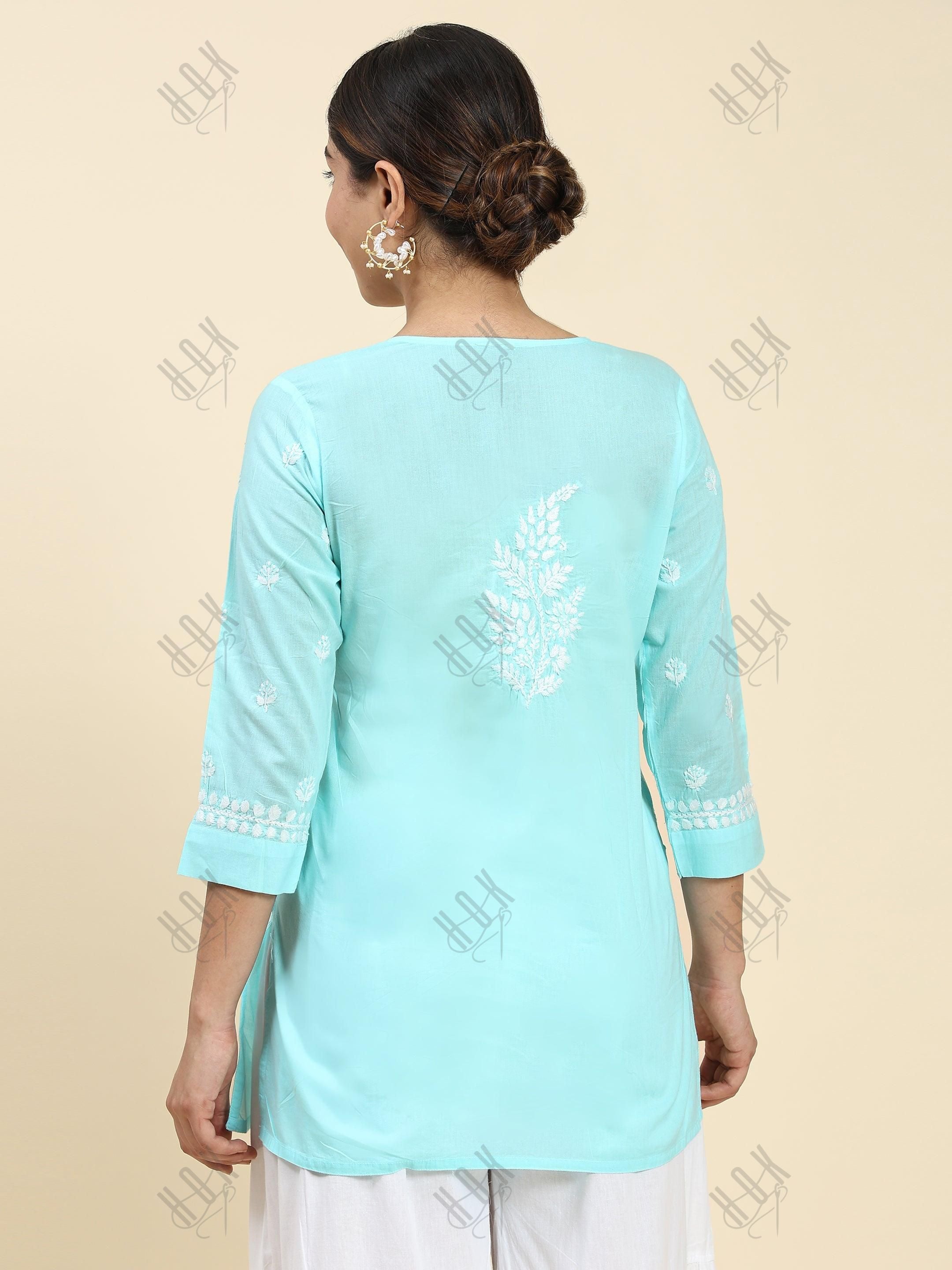 Samma Chikankari Short Kurta in Cotton for Women - Light Blue - House Of Kari (Chikankari Clothing)